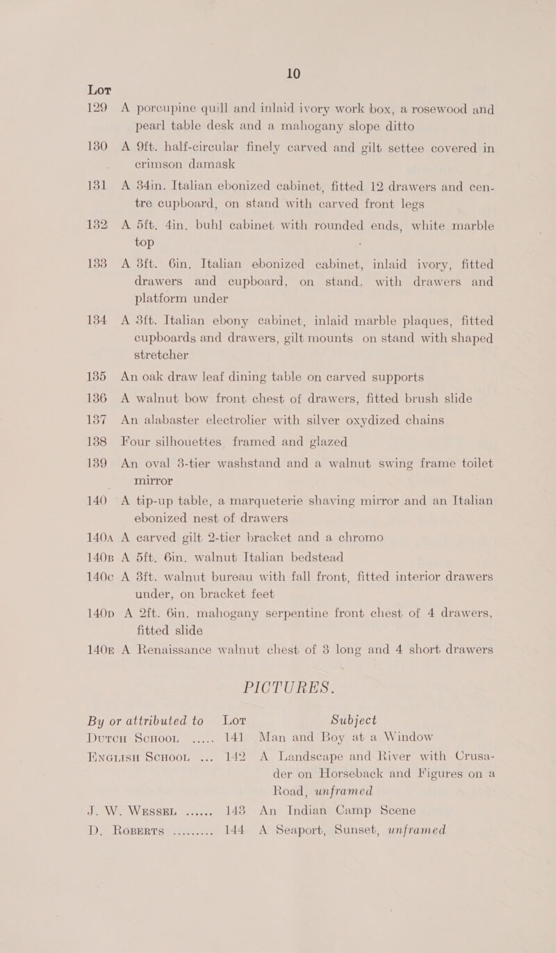 129 10 A poreupine quill and inlaid ivory work box, a rosewood and pearl table desk and a mahogany slope ditto 180 A Oft. half-circular finely carved and gilt settee covered in crimson damask 131 A 84in. Italian ebonized cabinet, fitted 12 drawers and cen- tre cupboard, on stand with carved front legs 132 A dft. 4in. buhl cabinet with rounded ends, white marble top 183 A 38ft. Gin. Italian ebonized cabinet, inlaid ivory, fitted drawers and cupboard, on stand, with drawers and platform under 134 A 3ft. Italian ebony cabinet, inlaid marble plaques, fitted cupboards and drawers, gilt mounts on stand with shaped stretcher 185 An oak draw leaf dining table on carved supports 1386 A walnut bow front chest of drawers, fitted brush slide 187 An alabaster electrolier with silver oxydized chains 188 Four silhouettes. framed and glazed 189 An oval 3-tier washstand and a walnut swing frame toilet mirror 140 A tip-up table, a marqueterie shaving mirror and an Italian ebonized nest of drawers 140a A carved gilt 2-tier bracket and a chromo 140p A 5ft. 6in. walnut Italian bedstead 140c A 8ft. walnut bureau with fall front, fitted interior drawers under, on bracket feet 140p A 2ft. Gin. mahogany serpentine front chest of 4 drawers, fitted slide 140k A Renaissance walnut chest of 3 long and 4 short drawers PICT OTES.: By or attributed to Lot Subject DUrCHeoCHOOL) atin 141 Man and Boy at a Window EneuisH ScHoot ... 142 A Landscape and River with Crusa- der on Horseback and Figures on a Road, unframed J. W. WESSEL ...... 148 An Indian Camp Scene