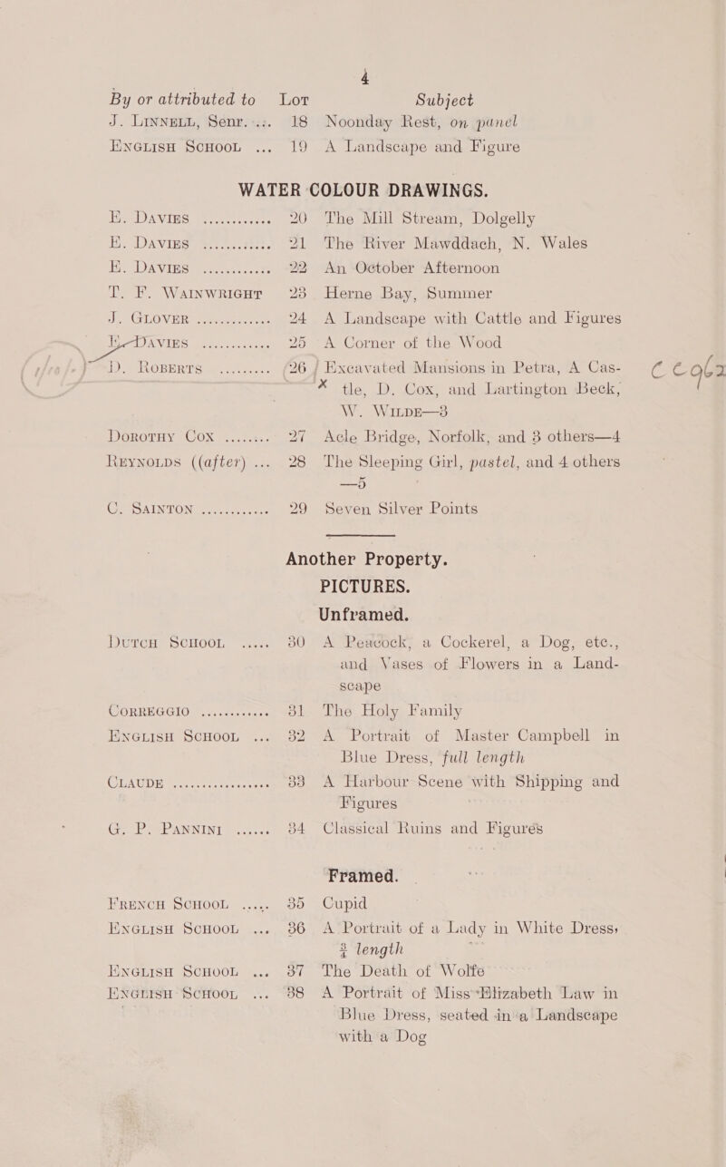 ENGLISH SCHOOL 18 19 4 Noonday Rest, on punel A Landscape and Figure T. F. WaInWRIGHT ENGLISH SCHOOL EINGLISH SCHOOL EINGLISH SCHOOL E\NGHISH SCHOOL 29 The Mill Stream, Dolgelly The River Mawddach, N. Wales An October Afternoon Herne Bay, Summer A Landscape with Cattle and Figures A Corner of the Wood * tle, D. Cox, and Lartington Beck; W. WinpEr—3 Acle Bridge, Norfolk, and 8 others—4 The Sleeping Girl, pastel, and 4 others —5 Seven Silvex Points PICTURES. Unframed. A Peacock, a Cockerel, a Dog, ete., and Vases of Flowers in a Land- scape The Holy Family A Portrait of Master Campbell in Blue Dress, full length A Harbour Scene with Shippmg and Figures | Classical Ruins and Figures Framed. Cupid A Portrait of a Lady in White Dress; 2 length The Death of Wolfe A Portrait of Miss*Hlizabeth Law in Blue Dress, seated ina Landscape with a Dog