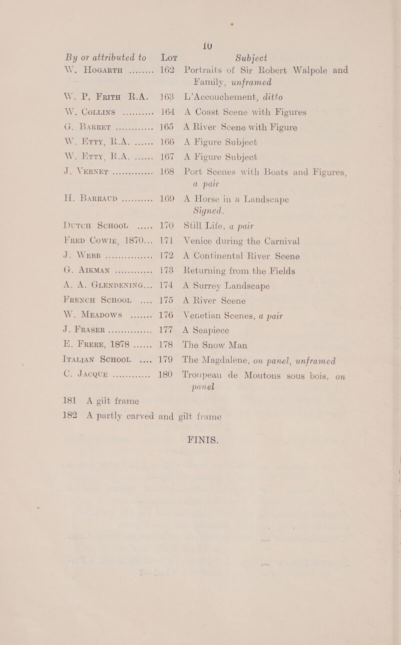 W. HoGartuH W. CoLuLIns G, BARRET H. BarRAupD DutcH ScHOOL J. WEBB G. AIKMAN FRENCH SCHOOL W. MEADows ITALIAN SCHOOL 181 A gilt frame 167 iu Portraits of Sir Robert Walpole and Family, unframed L’Accouchement, ditto A Coast Scene with Figures A River Scene with Figure A Figure Subject A Figure Subject Port Scenes with Boats and Figures, a par A Horse in a Landscape Signed. Still Life, a pair Venice during the Carnival A Continental River Scene Returning from the Fields A Surrey Landscape A River Scene Venetian Scenes, a pair A Seapiece The Snow Man The Magdalene, on panel, unframed Troupeau de Moutons sous bois, on panel FINIS.