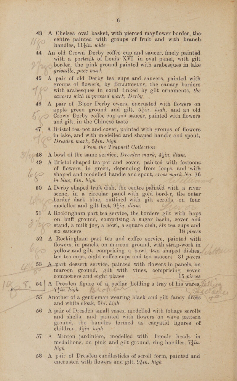 centre painted with groups of fruit and with branch handles, 1ldin. wide 44 An old Crown Derby cofiee cup and saucer, finely painted. with a portrait of Louis XVI. in oval panel, with gilt border, the pink ground painted with arabesques in lake  grisaille, puce mark 45 A pair of old Derby tea cups and saucers, painted with groups of flowers, by Binuineastey, the canary borders with arabesques in coral linked by gilt ornaments, the saucers with impressed mark, Derby 46 &lt;A pair of Bloor Derby ewers, encrusted with flowers on apple green ground and ailt, S5fin. high, and. an old Crown Derby coffee cup and saucer, painted with flowers and gilt, in the Chinese taste 47 A Bristol tea-pot and cover, painted with groups of flowers in lake, and with modelled and shaped handle and spout, Dresden mark, 54in. high — From the Trapnell Collection of flowers, in green, depending from loops, and ‘with im blwe, Gin. high 50 A Derby shaped fruit dish, the centre painted with a river scene, In a circular panel with gold border, the outer border dark blue, outlined with gilt serolls, on four modelled and gilt feet, 94in. diam. 51 A Rockingham part tea service, the borders cat aa) hops. if on buff eround, comprising a sugar basin, cover and ' stand, a milk jug, a bowl, a square dish, six tea cups and SIX saucers | 18 pieces: flowers, in panels, on maroon ground, with strap-work in ten tea cups, eight coffee cups and ten saucers 81 pieces — 53 Apart dessert service, painted with flowers in panels, on maroon ground, gilf with vines, comprising seven compotiers and eight plates : 15 pieces 55 Another of a Shona wearing Black and gilt: ae dress and white cloak, 6in. high 56 &lt;A pair of Dresden small vases, modelled with foliage scrolls. : and shells, and painted with flowers on wave pattern ground, the handles formed as caryatid ligures of children, 43n. high 57 A Minton jardiniére, modelled with female hin in medallions, on _ and gilt ground, ring handles, Tit. high 58 A pair of Dresden candlesticks of scroll form, painted and encrusted with flowers and gilt, Q4¢n. high