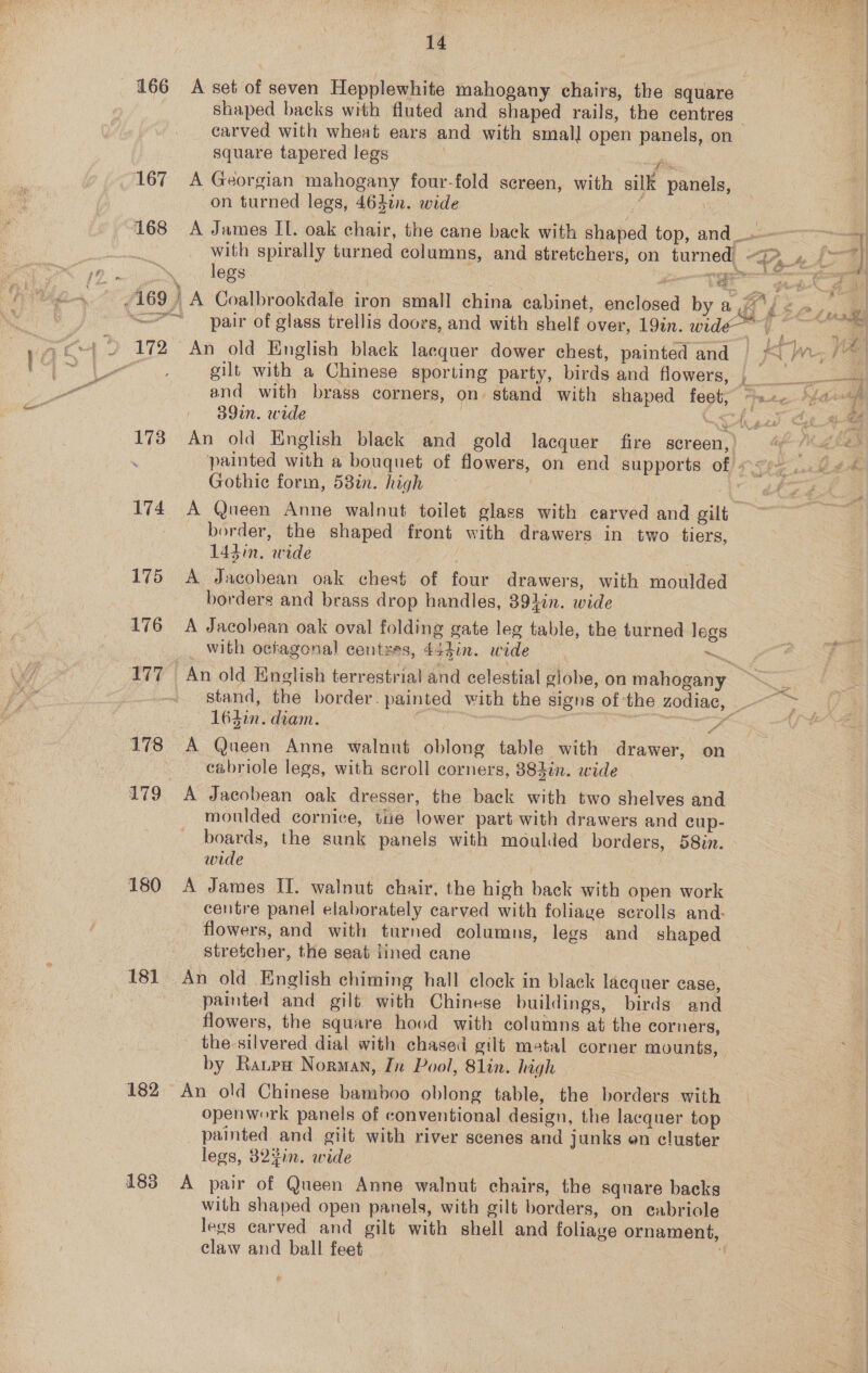  166 A set of seven Hepplewhite mahogany chairs, the square ; shaped backs with fluted and shaped rails, the centres | carved with wheat ears and with small open panels, on square tapered legs ds 167 =A Georgian mahogany four-fold screen, with silk panels, on turned legs, 464in. wide : Loe 168 &lt;A James IL. oak chair, the cane back with shaped top, and --— ; | with spirally turned columns, and stretchers, on turned’ —&gt;_, [7] 169 | A Coalbrookdale iron small china cabinet, enclosed by a A oH me aa —™~ pair of glass trellis doors, and with shelf over, 19in. wide § 7 gilt with a Chinese sporting party, birds and flowers, | ae and with brass corners, on stand with shaped feet,” tac. fare 39in. wide ; wre Sage Ges 173 An old English black and gold lacquer fire screen, ; ee painted with a bouquet of flowers, on end supports of » ae ee Gothic forin, 58in. high 174 A Queen Anne walnut toilet glass with carved and gilt border, the shaped front with drawers in two tiers, 14din. wide : | 175 A Jacobean oak chest of four drawers, with moulded borders and brass drop handles, 394in. wide 176 A Jacobean oak oval folding gate leg table, the turned legs _ with octagonal centzes, 444in. wide el 177 An old English terrestrial and celestial globe, on mahogany stand, the border. painted with the signs of the zodiac, -—~ 1643in. diam. 7 178 A Queen Anne walnut oblong table with drawer, on cabriole legs, with scroll corners, 883in. wide 179. A Jacobean oak dresser, the back with two shelves and moulded cornice, tiie lower part with drawers and cup- boards, the sunk panels with moulded borders, 58in. wide 180 A James II. walnut chair, the high back with open work centre panel elaborately carved with foliage scrolls and: flowers, and with turned columns, legs and shaped stretcher, the seat lined cane 181 An old English chiming hall clock in black lacquer ease, painted and gilt with Chinese buildings, birds and flowers, the square hood with columns at the corners, _ the silvered dial with chased gilt metal corner mounts, by Raupea Norman, In Pool, 81in. lagh 182 An old Chinese bamboo oblong table, the borders with openwork panels of conventional design, the lacquer top _ painted. and gilt with river scenes and junks on cluster legs, 32%in. wide | 183 &lt;A pair of Queen Anne walnut chairs, the square backs with shaped open panels, with gilt borders, on ecabriole legs carved and gilt with shell and foliage ornament, claw and ball feet | iy