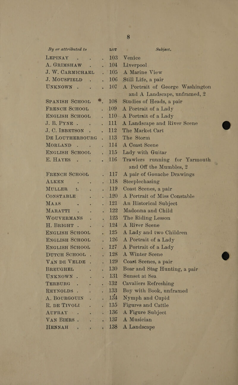 LEPINAY A. GRIMSHAW J. W. CARMICHAEL J. MOUSFIELD UNKNOWN FRENCH SCHOOL ENGLISH SCHOOL J. BuPy Nis J. C. IBBETSON DE LOUTHERBOURG MORLAND ENGLISH SCHOOL EK. HAYES FRENCH SCHOOL ALKEN MULLER }. CONSTABLE MAAS MARATTI WOUVERMANS H. BRIGHT . ENGLISH SCHOOL ENGLISH SCHOOL ENGLISH SCHOOL DuTCH SCHOOL . VAN DE VELDE BREUGHEL UNKNOWN . TERBURG REYNOLDS . A. BOURGOUIN R. DE TIVOLI AUFRAY VAN BIERS . HENNAH , : Venice Liverpool A Marine View Still Life, a pair A Portrait of George Washington and A Landscape, unframed, 2 Studies of Heads, a pair A Portrait of a Lady A Portrait of a Lady A Landscape and River Scene © The Market Cart The Storm A Coast Scene Lady with Guitar Trawlers running for Yarmouth and Off the Mumbles, 2 A pair of Gouache Drawings Steeplechasing Coast Scenes, a pair A Portrait of Miss Constable An Historical Subject Madonna and Child The Riding Lesson A River Scene A Lady and two Children A Portrait of a Lady A Portrait of a Lady . A Winter Scene &amp; Coast Scenes, a pair Boar and Stag Hunting, a pair Sunset at Sea Cavaliers Refreshing Boy with Book, unframed Nymph and Cupid Figures and Cattle A Figure Subject A Musician A Landscape