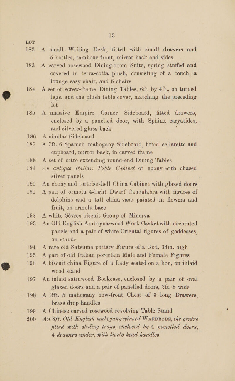 182 183 184 185 186 187 188 189 190 191 192 193 195 196 197 198 199 200 13 A small Writing Desk, fitted with small drawers and 5 bottles, tambour front, mirror back and sides A carved rosewood Dining-room Suite, spring stuffed and covered in terra-cotta plush, consisting of a couch, a lounge easy chair, and 6 chairs A set of screw-frame Dining Tables, 6ft. by 4ft., on turned legs, and the plush table cover, matching the preceding lot A massive Hmpire Corner Sideboard, fitted drawers, enclosed by a panelled door, with Sphinx Gu yaliden, and silvered glass back A similar Sideboard A 7ft. 6 Spanish mahogany Sideboard, fitted cellarette and cupboard, mirror back, in carved frame A set of ditto extending round-end Dining Tables An antique Italian Table Cabinet of ebony with chased silver panels An ebony and tortoiseshell China Cabinet with glazed doors A pair of ormolu 4-light Dwarf Candalabra with figures of dolphins and a tall china vase painted in flowers and fruit, on ormolu bace A white Sévres biscuit Group of Minerva An Old English Amboyna-wood Work Casket with decorated panels and a pair of white Oriental figures of goddesses, on stauds A rare old Satsuma pottery Figure of a God, 34in. high A pair of old Italian porcelain Male and Female Figures A biscuit china Figure of a Lady seated on a lion, on pias wood stand An inlaid satinwood Bookcase, enclosed by a pair of oval glazed doors and a pair of panelled doors, 2ft. 8 wide A 3ft. 5 mahogany bow-front Chest of 3 long Drawers, brass drop handles A Chinese carved rosewood revolving Table Stand An 8ft. Old English mahogany winged WARDROBE, the centre fitted with sliding trays, enclosed by 4 panelled doors,