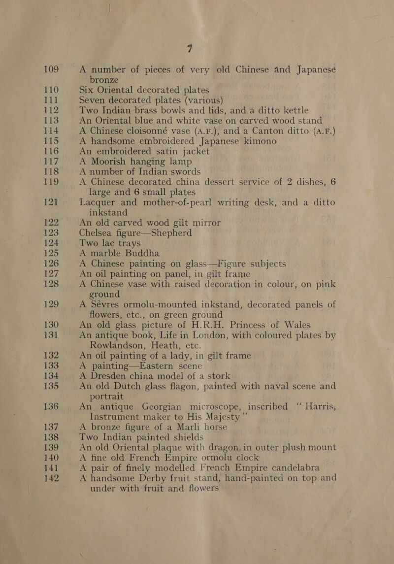 A number of pieces of very old Chinese and Japanesé bronze Six Oriental decorated plates Seven decorated plates (various) Two Indian brass bowls and lids, and a ditto kettle An Oriental blue and white vase on carved wood stand A Chinese cloisonné vase (A.F.), and a Canton ditto (A.F.) A handsome embroidered Japanese kimono An embroidered satin jacket A Moorish hanging lamp A number of Indian swords A Chinese decorated china dessert service of 2 dishes, 6 large and 6 small plates Lacquer and mother-of-pearl writing desk, and a ditto inkstand An old carved wood gilt mirror Chelsea figure—Shepherd Two lac trays A marble Buddha A Chinese painting on glass—Figure subjects An oil painting on panel, in gilt frame A Chinese vase with raised decoration in colour, on pink ground A Sévres ormolu-mounted inkstand, decorated panels of flowers, etc., on green ground An old glass picture of H.R.H. Princess of Wales An antique book, Life in London, with coloured plates by Rowlandson, Heath, etc. An oil painting of a lady, in gilt frame A painting—Eastern scene A Dresden china model of a stork An old Dutch glass flagon, painted with naval scene and One AsC ss An antique Georgian microscope, inscribed “ Harris, Instrument maker to His Majesty ”’ A bronze figure of a Marli horse Two Indian painted shields An old Oriental plaque with dragon, in outer plush mount A fine old French Empire ormolu clock A pair of finely modelled french Empire candelabra A handsome Derby fruit stand, hand-painted on top and under with fruit and flowers