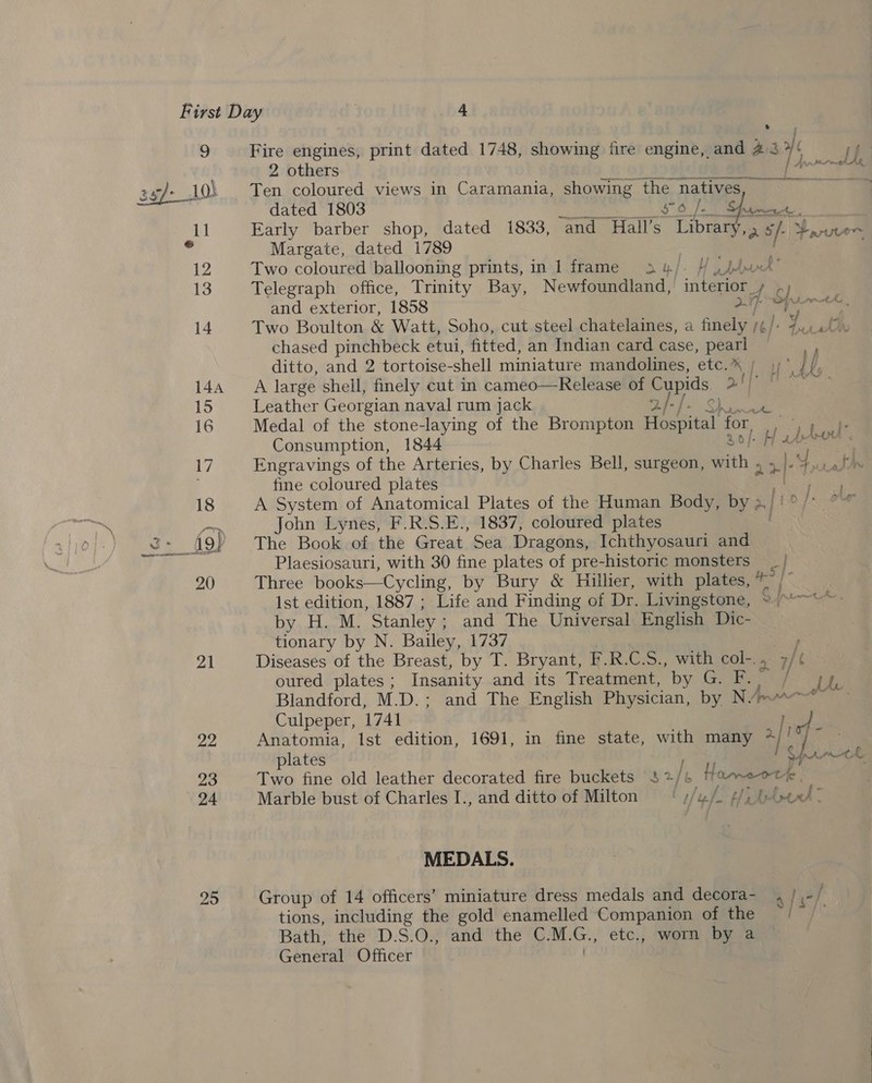 9 ag/- 10) 21 22 23 24 25 Fire engines, print dated 1748, showing fire engine, and 43 of if 2 others | Arnrrmol de Ten coloured views in Caramania, showing ‘the, nativesst SU dated 1803 so | aa Early barber shop, dated 1833, ‘and Hail’s el as /- Yuen Margate, dated 1789 Two coloured ballooning prints, in 1 frame 2 4/. Wjdaxt’ Telegraph office, Trinity Bay, Newfatuliad tae s; and exterior, 1858 a7. ‘Ce pnt he Two Boulton &amp; Watt, Soho, cut steel chatelaines, a finely 1g wth chased pinchbeck etui, fitted, an Indian card case, Dee ditto, and 2 tortoise-shell miniature mandolines, etc.*% / ,; | ; A large shell, finely cut in cameo—Release of Cupids giles Leather Georgian naval rum jack tothe Medal of the stone-laying of the Brompton Homer for ee es Consumption, 1844 | H ae ‘ Engravings of the Arteries, by Charles Bell, surgeon, with 5 Yt then fine coloured plates / a A System of Anatomical Plates of the Human Body, by 2,/!°/* °* John Lynes, F.R.S.E., 1837, coloured plates The Book of the Great Sea Dragons, Ichthyosauri and Plaesiosauri, with 30 fine plates of pre-historic monsters 5] ; Three books—Cycling, by Bury &amp; Hillier, with plates, *~ Ist edition, 1887 ; Life and Finding of Dr. Livingstone, G} ae sis by H. M. Stanley ; and The Universal English Dic- tionary by N. Bailey, 1737 Diseases of the Breast, by T. Bryant, F.R.C.S., with col-. . 7/ oured plates; Insanity and its Treatment, “by Go DO ae Blandford, M. D.; and The English Physician, by N. fpr rnc Culpeper, 1741 Anatomia, Ist edition, 1691, in fine state, with many afi oh. plates phot Two fine old leather decorated fire buckets $2, 1 Hameote, ; Marble bust of Charles I., and ditto of Milton [ wh Lp bbed: MEDALS. Group of 14 officers’ miniature dress medals and decora- tions, including the gold enamelled Companion of the | Bath, the D.S.O., and the C.M.G., etc., worn by a General Officer 