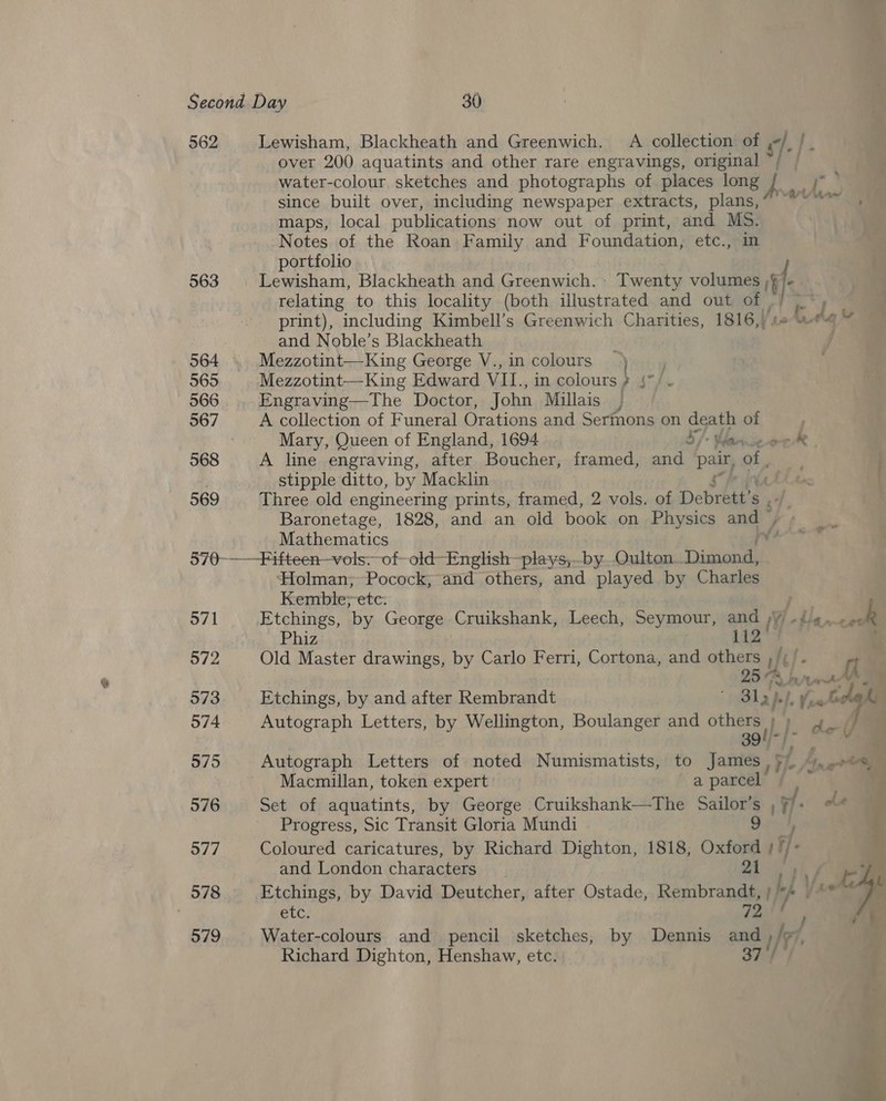 562 563 564 565 566 568 569 Lewisham, Blackheath and Greenwich. A collection of of.) ff over 200 aquatints and other rare engravings, original ~/ since built over, including newspaper extracts, plans, “ maps, local publications now out of print, and MS. Notes of the Roan Family and Foundation, etc., in portfolio Lewisham, Blackheath and Greenwich. - Twenty volumes iif relating to this locality (both illustrated and out of and Noble’s Blackheath Mezzotint—King George V., in colours | Mezzotint—King Edward VILI., in colours ? 5°) . Engraving—The Doctor, John Millais | A collection of Funeral Orations and Sermons on death of Mary, Queen of England, 1694 57 Marino ®t A line engraving, after Boucher, framed, and pair, Np stipple ditto, by Macklin. Mh ide Three old engineering prints, framed, 2 vols. of Debrett’s &lt;a Baronetage, 1828, and an old book on Physics and : Mathematics v — 571 972 573 574 575 576 577 578 579 Holman; Pocock; and others, and played by Charles Kemble; etc: | Etchings, by George Cruikshank, Leech, Seymour, and )y .{ Phiz 112! 25 H be) Etchings, by and after Rembrandt  Slap : Autograph Letters, by Wellington, sroniages and = . 39! Autograph Letters of noted Numismatists, to James , &gt; Macmillan, token expert’ a parcel Set of aquatints, by George Cruikshank—The Sailor’s , /- Progress, Sic Transit Gloria Mundi Fy Coloured caricatures, by Richard Dighton, 1818, Oxford /')- and London characters 7 Be | Etchings, by David Deutcher, after Ostade, Rembrandt, if y+ etc. 72 Water-colours and pencil sketches, by Dennis ae otf he? Richard Dighton, Henshaw, etc.  