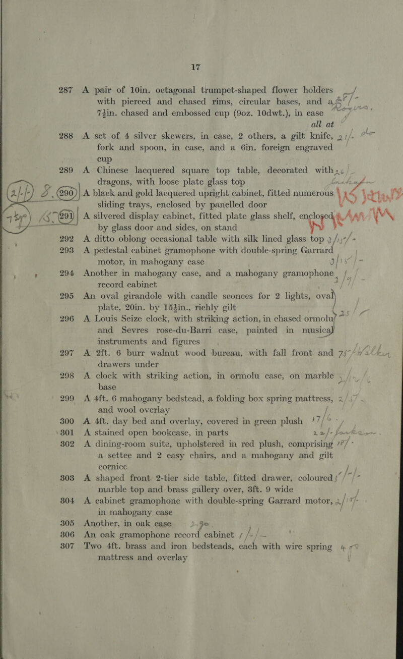 287 <A pair of 10in. octagonal trumpet-shaped flower holders __/ with pierced and chased rims, circular bases, and as ml ee i 7iin. chased and embossed cup (90z. 10dwt.), in case “~~ / all at | 288 <A set of 4 silver skewers, in case, 2 others, a gilt knife, » fj. Oe fork and spoon, in case, and a 6in. foreign engraved ~ cup 289 A Chinese lacquered square ‘ap table, decorated with » So. 296) A black ise gold lacquered upright cabinet, fitted numerous 4 i . 1 4 ‘a? i sliding trays, enclosed by panelled door % Reng | 5769) A silvered display cabinet, fitted plate glass shelf, enclo ray’ AA y VAL ae Ue by glass door and sides, on stand 292 A ditto oblong occasional table with silk lined glass top 3 /);“/- 293 <A pedestal cabinet gramophone with double-spring eect motor, in mahogany case 3 , 294 Another in mahogany case, and a mahogany gramophone, record cabinet 295 An oval girandole with candle sconces for 2 lights, oval) plate, 20in. by 154in., richly gilt 2 oe u 296 A Louis Seize clock, with striking action, in chased ormol and Sevres rose-du-Barri case, painted in musica instruments and figures a . Neeg 297 A 2ft. 6 burr walnut wood bureau, with fall front and 75” “LW Ae drawers under 298 A clock with striking action, in ormolu case, on marble base 299 A 4ft. 6 mahogany bedstead, a folding box spring mattress, 2/5 and wool overlay }' 300 A 4ft. day bed and overlay, covered in green plush /7/° - 301 A stained open bookcase, in parts 22/- 302 <A dining-room suite, upholstered in red plush, comprising ’“/ a settee and 2 easy chairs, and a mahogany and gilt cornice yes 303 A shaped front 2-tier side table, fitted drawer, coloured!’ /”/* | marble top and brass gallery over, 3ft. 9 wide 304 A cabinet gramophone with double-spring Garrard motor, nV iy in mahogany case 305 Another, in oak case aoe | 306 An oak gramophone record cabinet / /, fx 307 Two 4ft. brass and iron bedsteads, each with wire spring &amp; 7% mattress and overlay | 