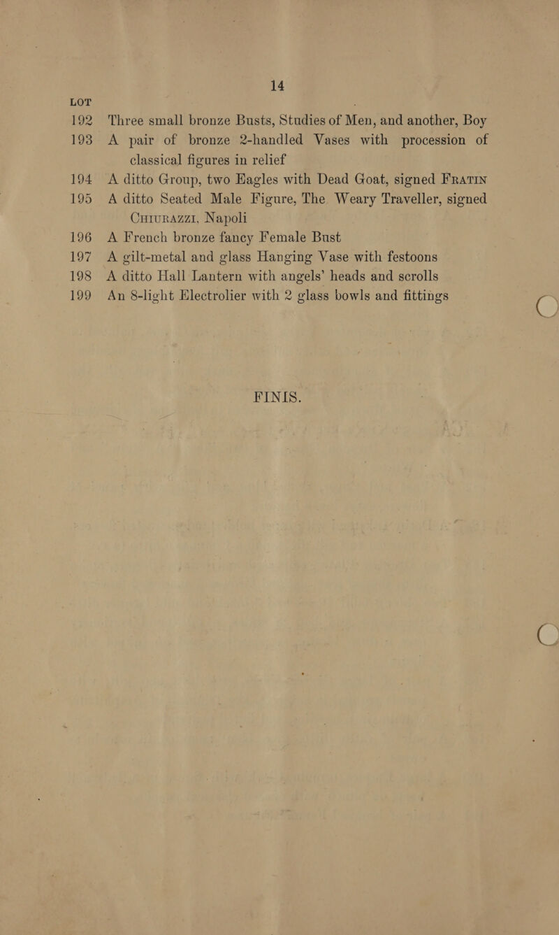 192 193 194 195 196 197 198 199 14 Three small bronze Busts, Studies of Men, and another, Boy A pair of bronze 2-handled Vases with procession of classical figures in relief A ditto Group, two Eagles with Dead Goat, signed FRatIN A ditto Seated Male Figure, The Weary Traveller, signed CuiuraAzzi, Napoli A French bronze fancy Female Bust A gilt-metal and glass Hanging Vase with festoons A ditto Hall Lantern with angels’ heads and scrolls An 8-light Electrolier with 2 glass bowls and fittings FINIS.