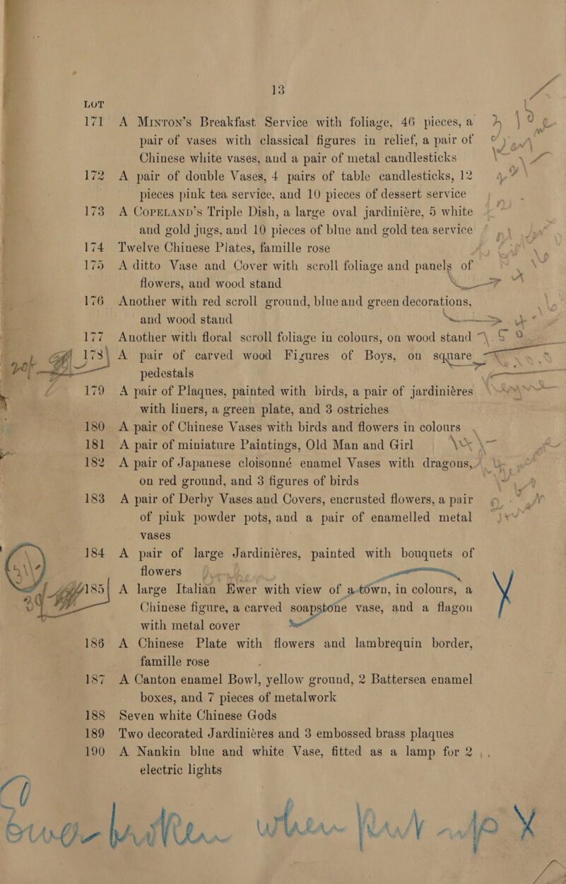 ’ 3 Sf. aa LOT ie 171 A Mrnyrton’s Breakfast Service with foliage, 46 pieces,a ) | 06 pair of vases with classical figures in relief, a pair of oy, A p Chinese white vases, and a pair of metal candlesticks  i vid 172 A pair of double Vases, 4 pairs of table candlesticks, 12 Vad 3 pieces pink tea service, and 10 pieces of dessert service 173 A Copenann’s Triple Dish, a large oval jardiniére, 5 white and gold jugs, and 10 pieces of blue and gold tea service dh 174 Twelve Chinese Plates, famille rose Cay ioe 175 A ditto Vase and Cover with scroll foliage and panels of , hs flowers, and wood stand I lit 176 Another with red scroll ground, blue and green decorations, and wood stand | Neh tis oa Another with floral scroll foliage in colours, on wood stand ~\.&amp; &amp; a | A pair of carved wood Figures of Boys, on square ~*% a x ¥ pedestals —— A pair of Plaques, painted with birds, a pair of jardiniéres . with liners, a green plate, and 3 ostriches A pair of Chinese Vases with birds and flowers in colours  A pair of miniature Paintings, Old Man and Girl Wey A pair of Japanese cloisonné enamel Vases with dragons,’ on red ground, and 3 figures of birds » Ne 183 A pair of Derby Vases and Covers, encrusted flowers, a pair © of pink powder pots, and a pair of enamelled metal vases A pair of large Jardiniéres, painted with bouquets of flowers Quen, ; A large Italian Ewer with view of a-town, in colours, a Chinese figure, a carved eae vase, and a flagon with metal cover 186 A Chinese Plate with flowers and lambrequin border, famille rose 187 A Canton enamel Bowl, yellow ground, 2 Battersea enamel boxes, and 7 pieces of metalwork 188 Seven white Chinese Gods 189 Two decorated Jardiniéres and 3 embossed brass plaques 190 A Nankin blue and white Vase, fitted as a lamp for 2 electric lights buatebadien tee lla fi  if