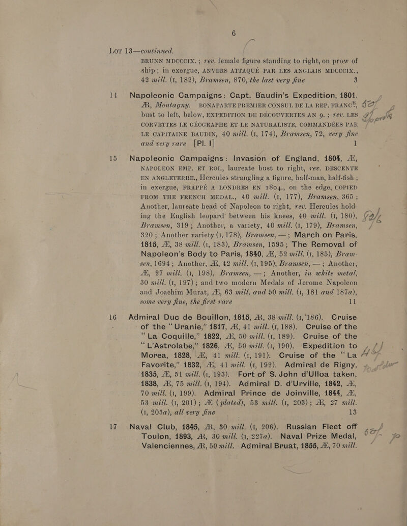 BRUNN MDCCCIX. ; 7ev. female figure standing to right, on prow of ship; in exergue, ANVERS ATTAQUE PAR LES ANGLAIS MDCCCIX., 42 mill. (1, 182), Bramsen, 870, the last very fine 3 14 Napoleonic Campaigns: Capt. Baudin’s Expedition, 1801. JR, Montagny. BONAPARTE PREMIER CONSUL DE LA REP. FRANC®, $o7 4 bust to left, below, EXPEDITION DE DECOUVERTES AN 9. ; 7€v. LES 4 va A CORVETTES LE GEOGRAPHE ET LE NATURALISTE, COMMANDEES PAR LE CAPITAINE BAUDIN, 40 mdl/. (1, 174), Bramsen, 72, very fine and very rare [Pl. I] 1 ~ 15 Napoleonic Campaigns: Invasion of England, 1804, ai, NAPOLEON EMP. ET ROI, laureate bust to right, ev. DESCENTE EN ANGLETERRE., Hercules strangling a figure, half-man, half-fish ; in exergue, FRAPPE A LONDRES EN 1804., on the edge, COPIED FROM. THE FRENCH MEDAL., 40 mill. (1, 177), Bramsen, 365 ; Another, laureate head of Napoleon to right, rev. Hercules hold- ing the English leopard’ between his knees, 40 mall. (1, 180), G4 Bramsen, 319; Another, a variety, 40 mill. (1, 179), Bramsen, 320; Another variety (1,178), Bramsen, —; March on Paris, 1815, Al, 38 mill. (1, 183), Bramsen, 1595; The Removal of Napoleon’s Body to Paris, 1840, Ai, 52 mel. (1, 185), Bram- sen, 1694; Another, At, 42 mill. (1,195), Bramsen, —; Another, AL, 27 mill. (1, 198), Bramsen, —; Another, in white metal, 30 mill. (1, 197); and two modern Medals of Jerome Napoleon and Joachim Murat, A4, 63 mill. and 50 mill. (1, 181 and 187a), some very fine, the first rare 11 16 Admiral Duc de Bouillon, 1845, MR, 38 mili. (1,186). Cruise of the “ Uranie,” 1817, A, 41 mill. (1,188). Cruise of the “La Coquille,” 1822, A!, 50 mill. (1, 189). Cruise of the “ V’Astrolabe,” 1826, Ai, 50 mill. (1, 190). Expedition to Morea, 1828, Ai, 41 mill. (1,191). Cruise of the “La “* ~ Favorite,” 1832, Ai, 41 mill. (1, 192). Admiral de Rigny, 1835, Al, 51 mil. 4, 193). Fort of S. John d’Ulloa taken, 1838, Al, 75 mill. G, 194). Admiral D. d’Uprville, 1842, 4, 70 mill. (1, 199). Admiral Prince de Joinville, 1844, 2%, 53 mall. (1, 201); Au (plated), 53 mill. (4, 203); AX, 27 mill. (1, 203a), all very fine 13 17 Naval Club, 1845, A, 30 mill. (1, 206). Russian Fleet off ._ / Toulon, 18938, AX, 30 mill. (1, 227a). Naval Prize Medal, J Valenciennes, AM, 50 m7l/. Admiral Bruat, 1855, 24, 70 m7.