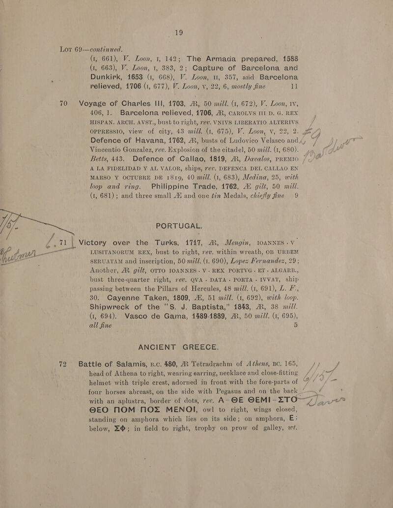 Lot 69—continued. (i, 661), V. Loon, 1, 142; The Armada prepared, 1588 (1, 663), V. Loon, 1, 383, 2; Capture of Barcelona and Dunkirk, 1653 (1, 668), V. Loon, u, 357, and Barcelona relieved, 1706 (1, 677), V. Loon, v, 22, 6, mostly fine — 11 70 Voyage of Charles III, 1708, AR, 50 mill. (1, 672), V. Loon, iv, 406, 1. Barcelona relieved, 1706, At, CAROLVS III D. G. REX HISPAN. ARCH. AVST., bust to right, ev. VNIVS LIBERATIO ALTERIVS OPPRESSIO, view of city, 43 mall. (1, 675), V. Loon, V, 22, 2. 7 Defence of Havana, 1762, ®, busts of Ludovico Velasco and ,, wf d Vincentio Gonzalez, 7ev. Explosion of the citadel, 50 mdl. (1, 680). Betts, 443. Defence of Callao, 1819, AX, Davalos, PREMIO A LA FIDELIDAD Y AL VALOR, ships, 7ev. DEFENCA DEL CALLAO EN MARSO Y OCTUBRE DE 1819, 40 mill. (1, 683), Medina, 25, with loop and ring. Philippine Trade, 1762, A) gilt, 50 mill. (1, 681); and three small Ad and one tin Medals, chiefly fine 9  PORTUGAL. ee __ Victory over the Turks, 1717, MR, Mengin, 10ANNES.V_ Ya a LUSITANORUM REX, bust to right, 7ev. within wreath, OB URBEM SERUATAM and inscription, 50 mdi. (1. 690), Lopez Fernandez, 29; Another, ® gilt, OTTO IOANNES.V.REX PORTVG. ET- ALGARB., bust three-quarter right, rev. QVA - DATA. PORTA. IVVAT, ship passing between the Pillars of Hercules, 48 mill. (1, 691), L. F’., 30. Cayenne Taken, 1809, 2H, 51 mill. (1, 692), with loop. Shipwreck of the “S. J. Baptista,” 1843, MR, 38 mill. (1, 694). Vasco de Gama, 1489-1889, A, 50 mill. (1, 695), all fine | 5 ANCIENT GREECE. 72 Battle of Salamis, p.c. 480, AX Tetradrachm of Athens, Bc. 165, J} head of Athena to right, wearing earring, necklace and close-fitting helmet with triple crest, adorned in front with the fore-parts of four horses abreast, on the side with Pegasus and on the back’ OEO MOM NOX MENOI, owl to right, wings closed, standing on amphora which lies on its side; on amphora, E: below, =@; in field to right, trophy on prow of galley, wi.