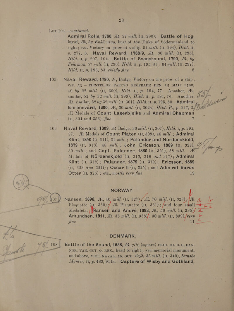 ee Admiral Rolle, 1780, A, 27 mill. (11, 290). Battle of Hog- land, ®, by Enhorning, bust of the Duke of Sédermanland to right; vev. Victory on prow of a ship, 54 mld. (11, 294), Hild. n1, p. 277, 3. Naval Reward, 1788/9, AR, 30 mill. (11, 295), Hild. 11, p. 207, 104. Battle of Svensksund, 1790, A, by Fehrman, 57 mill. (11, 296), Hild. 11, p. 195, 81 ; 64 mel. (11, 297), Hild. 11, p. 196, 83, chiefly fine 8 Naval Reward, 1790, A’, Badge, Victory on the prow of a ship;- rév. 53 — FIENTELIGE FARTYG EROFRADE DEN I5 MAII 1799, 40 by 22 mill. (1, 300), Hild. 11, p. 194, 77. Another, MR, 4 Sd similar, 52 by 32 mill. (1, 299), Ald: u, p. 194, 76. Another, D Jf g AR, similar, 52 by 32 mill, (11, 301), Hild. 1, p.195, 80. Admiral, é JA oe Ehrensvard, 1800, AR, 30 mill. (tt, 302a), Hild. Pn 247, 24 DOE &amp; JK Medals of Count Lagerbjelke and Admiral Chapman (11, 304 and 356), fine 7 Naval Reward, 1809, ® Badge, 30 mill. (11, 307), Hild. 1, p. 292, 27. AX Medals of Count Platen (11, 309), 40 mill. ; Admiral Klint, 1840 (11, 311), 31 m7. ; Palander and Nordenskiold, = ~~ 1879 (11, 318), 48 mill.; John Ericsson, 1889 (um, 322), 72 30 mill.; and Capt. Palander, 1880 (11, 321), 38 mill. AD f /? Medals of Nordenskjold (1, 313, 316 and 317); Admiral Klint (i, 312); Palander, 1879 (11, 319); Ericsson, 1889 (1, 323 and 324f); Oscar II (11, 325); and Admiral Baron Otter (11, 326); etc., mostly very fine 19 NORWAY. Nansen, 1896, AR, 40 mill. (11, 327); Ai, 70 mill. (1, 328); ye (- Plaquette (j1, 330) ;/ M Plaquette (1, 331) ; /and four small—@foe Medalets. | ansen and Andre, 1898, MR, 50 mull. (4, 335)/ eT RE Amundsen, 1944, A, 33 mill. (11, 338); 30 mill. (11, 339),/very if 3 Jjine a * DENMARK. Battle of the Sound, 1658, A, gilt, (square) FRID. LI. D. G. DAN. NOR. VAN. GOT. Q. REX., head to right; 7ev. memorial monument, and above, VICT. NAVAL. 29. OOT. 1658, 35 mill. (11, 340), Danske Mynter, u, p. 483, 91la. Capture of Wisby and Gothland,