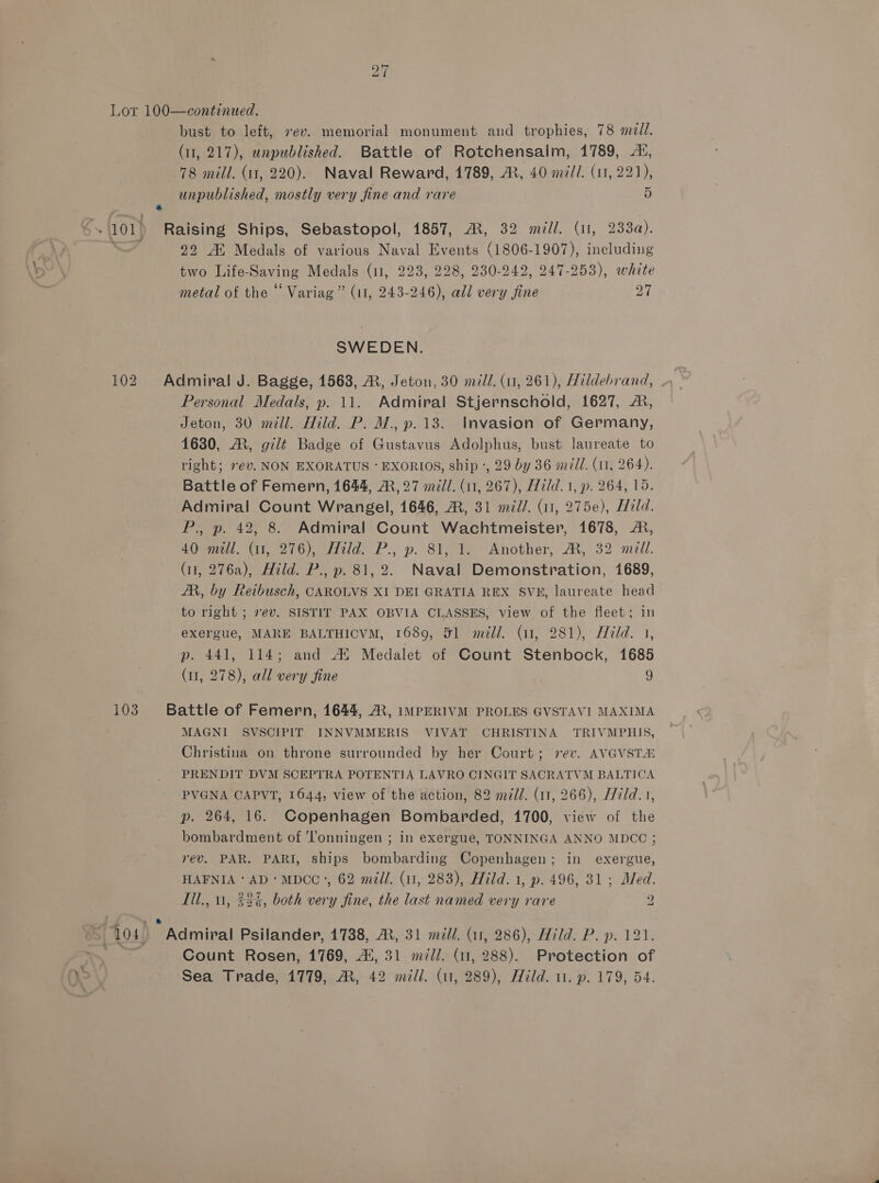 =] Lor 100—continued. bust to left, sev. memorial monument and trophies, 78 mel. (11, 217), unpublished. Battle of Rotchensaim, 1789, 4, 78 mill. (11, 220). Naval Reward, 1789, A, 40 mill. (11, 221), unpublished, mostly very fine and rare 5 * ; » 101) Raising Ships, Sebastopol, 1857, M, 32 mill, (1, 233a). - 22 Al Medals of various Naval Events (1806-1907), including two Life-Saving Medals (11, 223, 228, 230-242, 247-253), white metal of the © Variag” (11, 243-246), all very fine 27 SWEDEN. 102 Admiral J. Bagge, 1568, A, Jeton, 30 mill. (11, 261), Hildebrand, - Personal Medals, p. 11. Admiral Stjernschold, 1627, A, Jeton, 30 mill. Hild. P. M., p.13. Invasion of Germany, 1630, A, gilt Badge of Gustavus Adolphus, bust laureate to right; rev. NON EXORATUS * EXORIOS, ship +, 29 by 36 mJ. (11, 264). Battle of Femern, 1644, A, 27 mill. (11, 267), Hild. 1, p. 264, 15. Admiral Count Wrangel, 1646, A, 31 mil/. (11, 275e), Hild. P., p. 42, 8. Admiral Count Wachtmeister, 1678, A, A0ean. (26) eid. P., ». Slade Anothér, A, 32 mill. (11, 276a), Hild. P., p. 81,2. Naval Demonstration, 1689, JR, by Reibusch, CAROLVS XI DEI GRATIA REX SVE, laureate head to right ; vev. SISTIT PAX OBVIA CLASSES, view of the fleet; in exergue, MARE BALTHICVM, 1689, 51 mdi. (11, 281), Hild. 1, p. 441, 114; and A Medalet of Count Stenbock, 1685 (11, 278), all very fine 9 103 Battle of Femern, 1644, AX, IMPERIVM PROLES GVSTAVI MAXIMA MAGNI SVSCIPIT INNVMMERIS VIVAT CHRISTINA TRIVMPHIS, Christina on throne surrounded by her Court; rev. AVGVSTA PRENDIT DVM SCEPTRA POTENTIA LAVRO CINGIT SACRATVM BALTICA PVGNA CAPVT, 1644, view of the action, 82 mill. (11, 266), Hild.1, p. 264, 16. Copenhagen Bombarded, 1700, view of the bombardment of ‘lonningen ; in exergue, TONNINGA ANNO MDCC ; rev. PAR. PARI, ships bombarding Copenhagen; in exergue, HAFNIA ‘AD *MDCC-, 62 médl. (11, 283), Hild. 1, p. 496, 31; Med. Lll., 1, 336, both very fine, the last named very rare 2 >| 104, Admiral Psilander, A138.) AR3' me 86) Aid. Pop: 121. Count Rosen, 1769, A, 31 mdll. (11, 288). Protection of