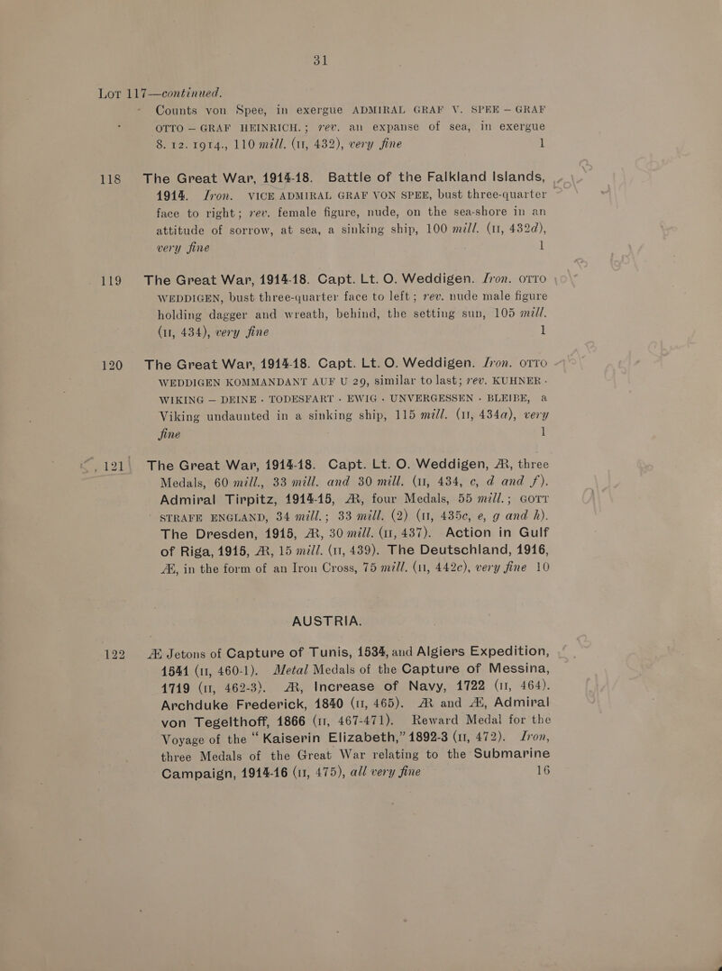 ol 118 Counts von Spee, in exergue ADMIRAL GRAF V. SPEE — GRAF ‘OTTO —GRAF HEINRICH.; rev. an expanse of sea, in exergue 8.12. 1914., 110 medi. (1, 432), very fine 1 The Great War, 1914-18. Battle of the Falkland Islands, | 4914. Iron. VICE ADMIRAL GRAF VON SPEER, bust three-quarter face to right; ev. female figure, nude, on the sea-shore in an attitude of sorrow, at sea, a sinking ship, 100 mdél/. (11, 432d), very fine 1 The Great War, 1914-18. Capt. Lt.O. Weddigen. fron. orto WEDDIGEN, bust three-quarter face to left; rev. nude male figure holding dagger and wreath, behind, the setting sun, 105 md//. (11, 434), very fine 1 The Great War, 1914-18. Capt. Lt.O. Weddigen. fron. orro WEDDIGEN KOMMANDANT AUF U 29, similar to last; sev. KUHNER - WIKING — DEINE. TODESFART . EWIG . UNVERGESSEN - BLEIBE, a Viking undaunted in a sinking ship, 115 mill. (un), 434a), very jine 1 The Great Wap, 1914-18. Capt. Lt. O. Weddigen, A, three Medals, 60 mill., 33 mill. and 30 mill. (11, 434, ¢, d and /f). Admiral Tirpitz, 191415, A, four Medals, 55 mdll.; corr STRAFE ENGLAND, 34 mill.; 33 mill. (2) (11, 435c, e, g and h). The Dresden, 1915, AR, 30 mill. (1, 437). Action in Gulf of Riga, 1915, A, 15 mill. (11, 439). The Deutschland, 1916, AB, in the form of an Iron Cross, 75 mill. (11, 442c), very fine 10 AUSTRIA. &amp; Jetons of Capture of Tunis, 1534, and Algiers Expedition, 4544 (11, 460-1). Metal Medals of the Capture of Messina, {TAQ (11, 462-3). AR, Increase of Navy, 1722 (11, 464). Archduke Frederick, 1840 (11, 465). AR and At, Admiral von Tegelthoff, 1866 (11, 467-471). Reward Medal for the Voyage of the “ Kaiserin Elizabeth,” 1892-3 (1, 472). ron, three Medals of the Great War relating to the Submarine