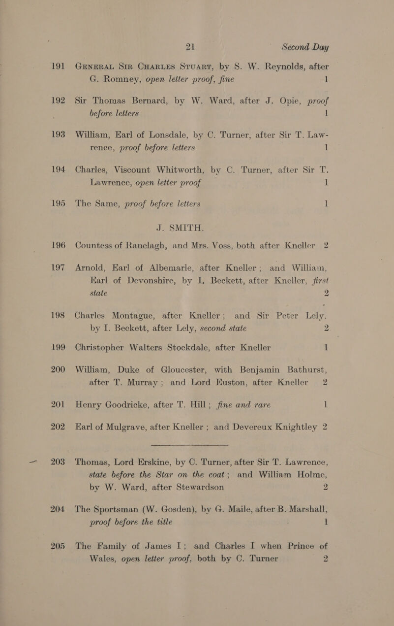 19] 192 193 194 195 196 bie 198 199 200 201 202 203 204 205 21 Second Day GENERAL SiR CHARLES Stuart, by 8. W. Reynolds, after G. Romney, open letter proof, fine 1 Sir Thomas Bernard, by W. Ward, after J. Opie, proof before letters 1 William, Earl of Lonsdale, by C. Turner, after Sir T. Law- rence, proof before letters 1 Charles, Viscount Whitworth, by C. Turner, after Sir T. Lawrence, open letter proof 1 The Same, proof before letters | J. SMITH. Countess of Ranelagh, and Mrs. Voss, both after Kneller 2 Arnold, Earl of Albemarle, after Kneller ; and William, Earl of Devonshire, by I. Beckett, after Kneller, first state ne Charles Montague, after Kneller; and Sir Peter Lely. by I. Beckett, after Lely, second state 2 Christopher Walters Stockdale, after Kneller 1 William, Duke of Gloucester, with Benjamin Bathurst, after T. Murray; and Lord Euston, after Kneller 2 Henry Goodricke, after T. Hill; fine and rare 1 Earl of Mulgrave, after Kneller ; and Devereux Knightley 2 Thomas, Lord Erskine, by C. Turner, after Sir T. Lawrence, state before the Star on the coat; and William Holme, by W. Ward, after Stewardson 2 The Sportsman (W. Gosden), by G. Maile, after B. Marshall, proof before the title | The Family of James I; and Charles I when Prince of