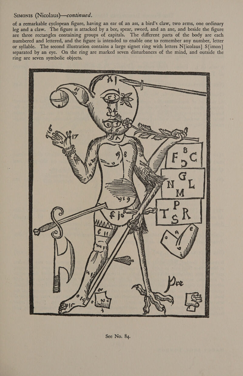 Simonts (Nicolaus)—continued. of a remarkable cyclopean figure, having an ear of an ass, a bird’s claw, two arms, one ordinary leg and a claw. The figure is attacked by a bee, spear, sword, and an axe, and beside the figure are three rectangles containing groups of capitals. The different parts of the body are each numbered and lettered, and the figure is intended to enable one to remember any number, letter or syllable. The second illustration contains a large signet ring with letters N[icolaus] S{imon] separated by an eye. On the ring are marked seven disturbances of the mind, and outside the ring are seven symbolic objects. 