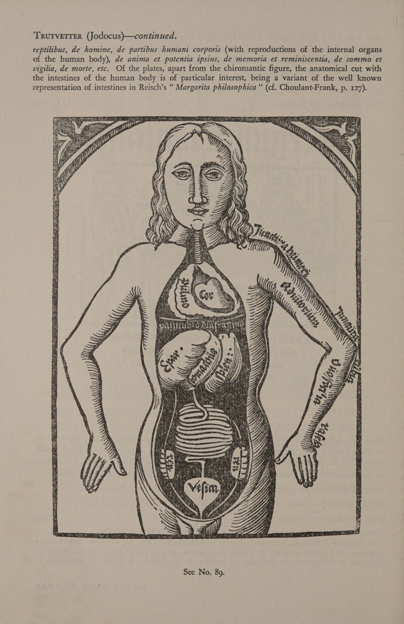 TRUTVETTER (Jodocus)—continued. reptilibus, de homine, de partibus humani corporis (with reproductions of the internal organs of the human body), de anima et potentia ipsius, de memoria et reminiscentia, de sommo et wigilia, de morte, etc. Of the plates, apart from the chiromiantic figure, the anatomical cut with the intestines of the human body is of particular interest, being a variant of the well known representation of intestines in Reisch’s “ Margarita philosophica” (cf. Choulant-Frank, p. 127). aE ye ERNE IRE ee seer: BRE eS a ais a Sage pet ee BS MINS eS SMe eo S Ses 