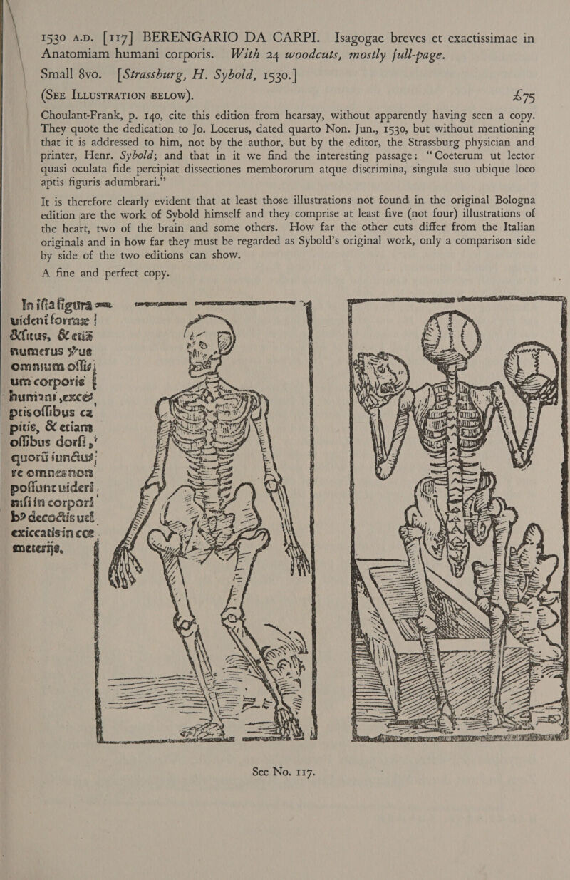 Anatomiam humani corporis. With 24 woodcuts, mostly full-page. Small 8vo. [Strassburg, H. Sybold, 1530.| (SEE ILLUSTRATION BELOW). £75 Choulant-Frank, p. 140, cite this edition from hearsay, without apparently having seen a copy. They quote the dedication to Jo. Locerus, dated quarto Non. Jun., 1530, but without mentioning that it is addressed to him, not by the author, but by the editor, the Strassburg physician and printer, Henr. Sydold; and that in it we find the interesting passage: “‘Coeterum ut lector quasi oculata fide percipiat dissectiones membororum atque discrimina, singula suo ubique loco aptis figuris adumbrari.” It is therefore clearly evident that at least those illustrations not found in the original Bologna edition are the work of Sybold himself and they comprise at least five (not four) illustrations of the heart, two of the brain and some others. How far the other cuts differ from the Italian originals and in how far they must be regarded as Sybold’s original work, only a comparison side by side of the two editions can show. A fine and perfect copy. Inifiafigurasm eee eee —~ wident forma | ar Efius, &amp; etid mumerus sue omnium offis | um corporis “humans exces, : ! | iW e | prisoffibus ca OSes ear 0 1. ft of Sy Bare fanaa) f pits, etiam — Ber @ awe Ke B\wea Sec! offibus dorfi ,' risa cry &amp; | WP Wed | quord funcius ; fe omnesnor poffuncuideri. — mfiin corpori be decoctis uch. exiceatisin coe . meterijs. ‘            