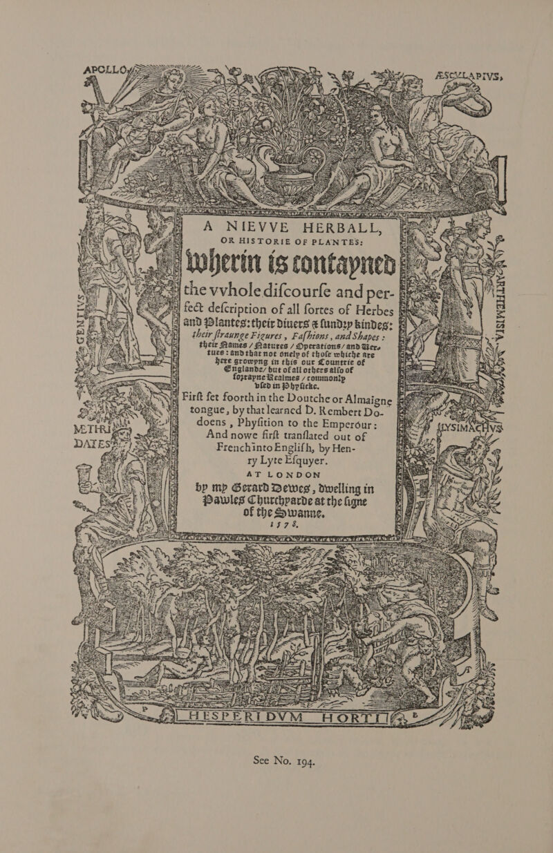 LOWS S95. en “ae RY -  Be  er agexe no a: ul 5 epolle ape Aan g Be j ioe &gt; 35 ReZe y 4 [ZB A NIEVVE HERBA OR HISTORIE OF PLANTES: J wherin ts contaynen i&gt; # the vvholedifcourfe and per- ‘ i | fect defcription of all fortes of Herbes | and Plantes: their Diners ¢ lundzyp bindes: their flraunge Figures, F afhions , and Shapes : their Pames / Matures / Mperations/ and Were tues: andthat not onelp of thole whiche are bere growpng in this our Countrie of €nglande, but of all others alfo of fozrapne Realmes / commontp bfed in Dhplicke. a Firft fet foorth in the Doutche or Almaigne tongue, bythatlearned D. Rembert Do- doens , Phyfition to the Emperour: And nowe firft tranflated out of FrenchintoEnglifh, by Hen- ry Lyre Efguyer. AT LONDON bp mp Gerard Dewees, dwelling in Nii =: Bawles Chucchparde at the igne : of the Swanne. My HW ; SI GIA We ns LED: h a GaN bs % G mt bs : NAY a) Muh ae dogs} rk ane KORY, Y y Wi ety ry SNe p See. in js Loy 4 4 51 ‘ 1 OZR £7 ¢) F . i “as Re  f / ye pay WY 5 Tecra n he 4 A 4 * HA fo tea ry Sv ‘ 9 ee YA (Zs : Chyy b Pate “Z “INS i hy iA ti i: 4 \ a a 7 li ~ ] : a us bees % g ee i vA WY ‘ Lg F ALIS PH, 357 fea ft a He 2 2 L = NG a obe , f = DY } ony f MEN Ss Dae ae A . Te aN: q AY. y . LAER - . p ay See % f| 2 i By Gram e, ; N Li a 4 s— . y awa a , 4) LEY ACR Wan ae Gh6 hy Zs 2 ¢ ‘mahi NWA ON ’ is) &lt; BO aed a A ae ‘S - ee &gt; mn ~~ ~: YO Ny ia y augeet m 4 rs © Ree +o ee S : Sf *% 5 Fs 5 ‘ i z My 53 fs ad v7 2 , ~ A GENTIVvSs RAE pat ADR AT Naat Fy 2 WESTY! re” VISIWIH LEVY VEE TIN a8 pon PL WTR CR a rata rf vernon apron shihhise/ en synT uy ff rd IEC aN = Sy ULES = ay Sn is S Vy is) = sft &gt;