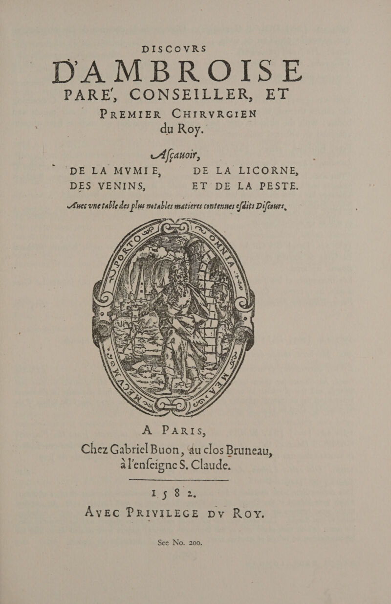 DISCOVRS DAMBROISE PARE, CONSEILLER, ET PREMIER CHIRVRGIEN | du Roy. Afcauoir,  ‘DE LA MVMIE, ~~ DE LA LICORNE, DES VENINS, ET DE LA PESTE. Aes une table des plus notables matieres contennes e[dits Di[cours,  ies tas a i Ted 4 RS ne NY ROSS \\ NOK NY Ay At NA 4 N Chez Gabriel Buon, du clos Bruneau, al’enfeigne S. Claude. Is pt Size AvEC PRIVILEGE Dy Roy.