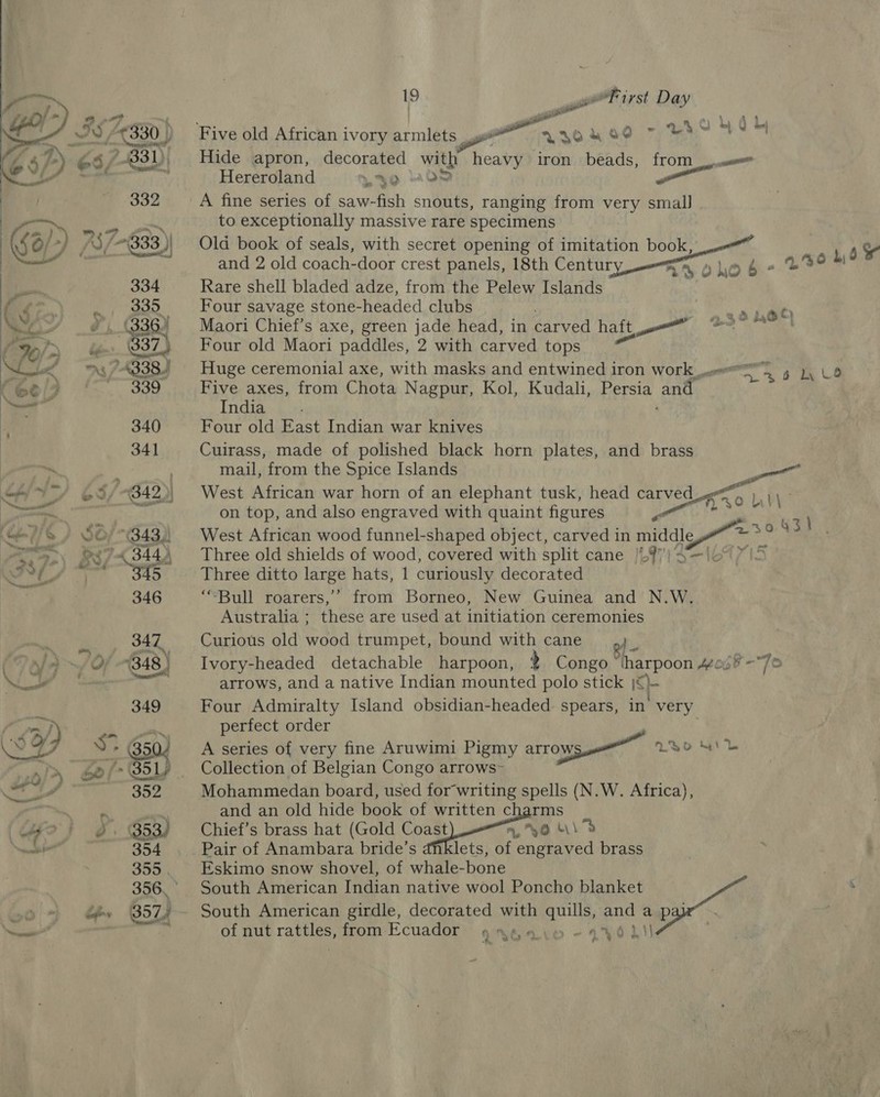   19 i “First Day a al aim ty A ; P » 2 we a ae | = foo SO FAO WES. YT FT Hide apron, decorated with heavy iron beads, from_... Hereroland ~ AO WOM Pr a A fine series of saw- Pah snouts, ranging from very small to exceptionally massive rare specimens Old book of seals, with secret opening of imitation book,  and 2 old coach-door crest panels, 18th Centur A who b Rare shell bladed adze, from the Pelew Islands Four savage stone- headed clubs 3 bet) Maori Chief’s axe, green jade head, in carved haft ae oe | Four old Maori paddles, 2 with carved tops Huge ceremonial axe, with masks and entwined iron work =, 5 1, Uo Five axes, from Chota Nagpur, Kol, Kudali, Sek and India Four old East Indian war knives Cuirass, made of polished black horn plates, and brass mail, from the Spice Islands a West African war horn of an elephant tusk, head carved, Xo b as on top, and also engraved with quaint figures » . Be) 239 ‘ West African wood funnel-shaped object, carved in re Three old shields of wood, covered with split cane |%9) Three ditto large hats, 1 curiously decorated ‘“Bull roarers,’’ from Borneo, New Guinea and N.W. Australia ; these are used at initiation ceremonies Curious old wood trumpet, bound with cane of. Ivory-headed detachable harpoon, Congo ‘tharpoon 403 -7e arrows, and a native Indian mounted polo stick IS} Four Admiralty Island obsidian-headed spears, in very perfect order A series of very fine Aruwimi Pigmy arrows Meo ML Collection of Belgian Congo arrows~ Mohammedan board, used for writing spells (N.W. Africa), and an old hide book of written charms Chief’s brass hat (Gold Coast 8 by \d Pair of Anambara bride’s lets, of engraved brass Eskimo snow shovel, of whale-bone South American Indian native wool Poncho blanket South American girdle, decorated with eo and a paj of nut ie from Ecuador PALO %O 11 SS on e q