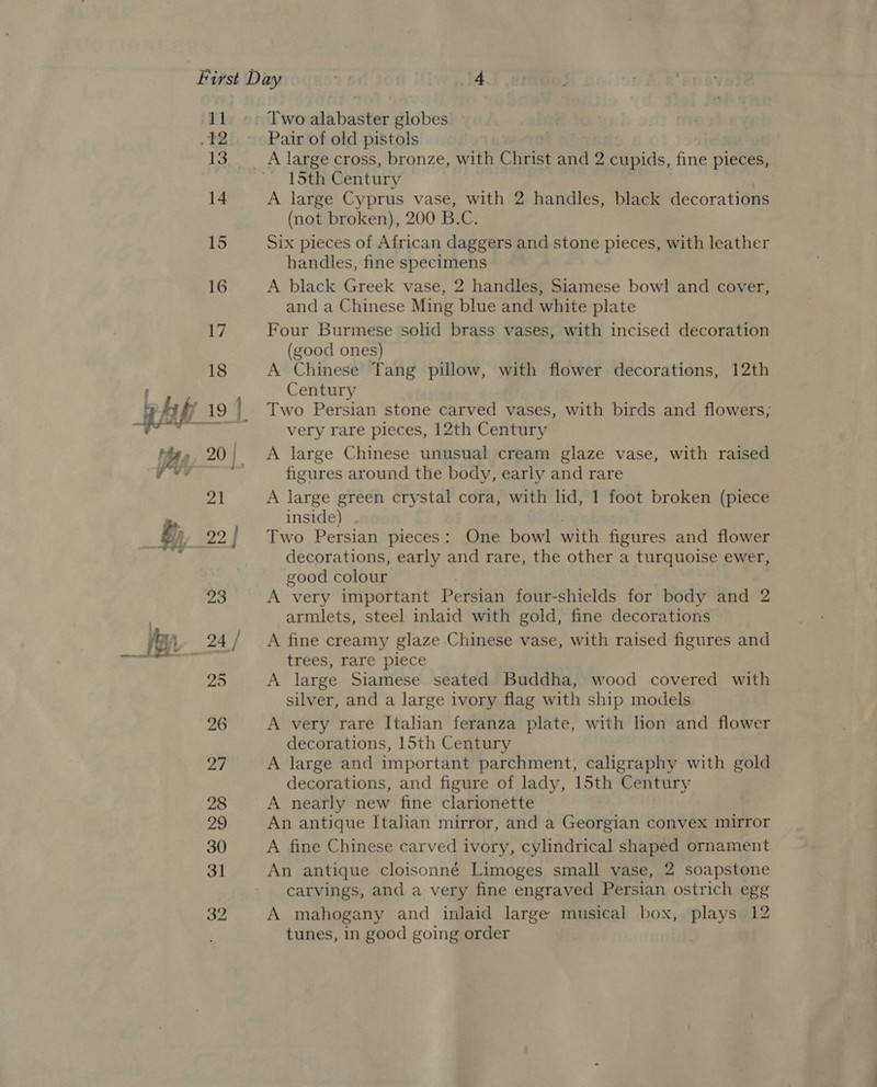 1] 13 14 15 16 17 18 Two alabaster globes Pair of old pistols A large cross, bronze, with Christ and 2 cupids, fine pieces, 15th Century . A large Cyprus vase, with 2 handles, black decorations (not broken), 200 B.C. Six pieces of African daggers and stone pieces, with leather handles, fine specimens A black Greek vase, 2 handles, Siamese bowl and cover, and a Chinese Ming blue and white plate Four Burmese solid brass vases, with incised decoration (good ones) A Chinese Tang pillow, with flower decorations, 12th Century Two Persian stone carved vases, with birds and flowers; very rare pieces, 12th Century A large Chinese unusual cream glaze vase, with raised figures around the body, early and rare A large green crystal cora, with lid, 1 foot broken (piece inside) . Two Persian pieces: One bowl with figures and flower decorations, early and rare, the other a turquoise ewer, good colour A very important Persian four-shields for body and 2 armlets, steel inlaid with gold, fine decorations A fine creamy glaze Chinese vase, with raised figures and trees, rare piece A large Siamese seated Buddha, wood covered with silver, and a large ivory flag with ship models A very rare Italian feranza plate, with lion and flower decorations, 15th Century A large and important parchment, caligraphy with gold decorations, and figure of lady, 15th Century A nearly new fine clarionette An antique Italian mirror, and a Georgian convex mirror A fine Chinese carved ivory, cylindrical shaped ornament An antique cloisonné Limoges small vase, 2 soapstone carvings, and a very fine engraved Persian ostrich egg A mahogany and inlaid large musical box, plays 12 tunes, in good going order