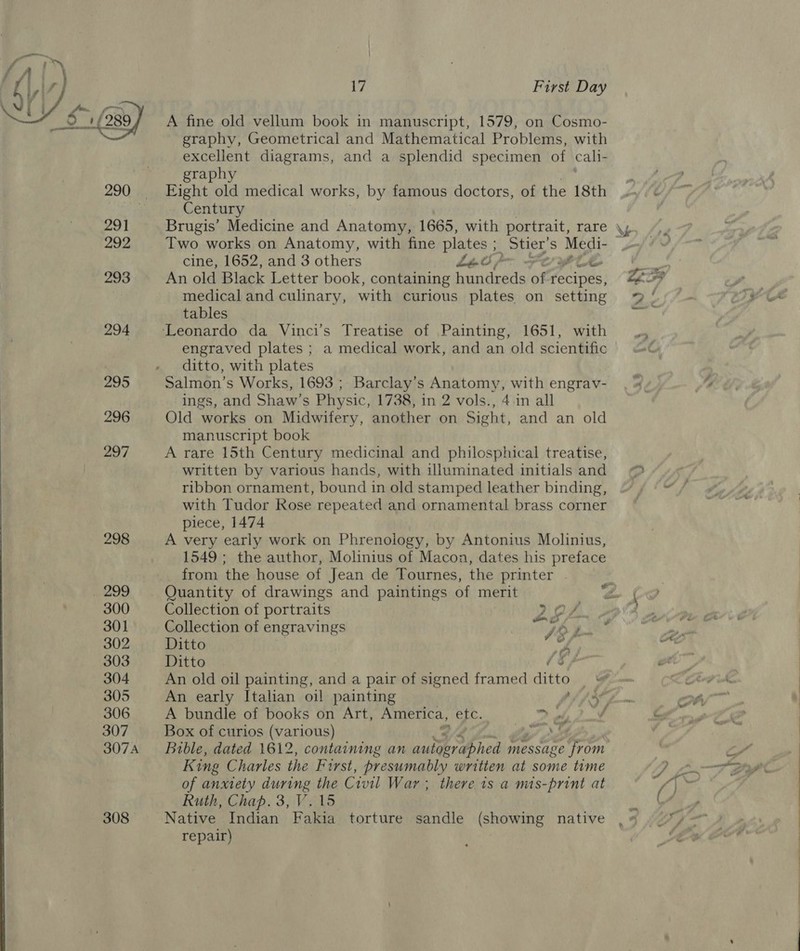  295 296 297 298 ape 300 301 302 303 304 305 306 307 307A 308 17 First Day A fine old vellum book in manuscript, 1579, on Cosmo- graphy, Geometrical and Mathematical Problems, with excellent diagrams, and a splendid specimen of cali- graphy Eight old medical works, by famous doctors, of the 18th Century Two works on Anatomy, with fine plates ; Stier’ S Mo cine, 1652, and 3 others Lip PLE An old Black Letter book, containing Gaited of fecipes, medical and culinary, with curious plates on setting tables engraved plates ; a medical work, and an old scientific ditto, with plates Salmon’s Works, 1693 ; Barclay’s Anatomy, with engrav- ings, and Shaw’s Physic, 1738, in 2 vols., 4.in all Old works on Midwifery, another on Sight, and an old manuscript book A rare 15th Century medicinal and philosphical treatise, written by various hands, with illuminated initials and ribbon ornament, bound in old stamped leather binding, with Tudor Rose repeated and ornamental brass corner piece, 1474 A very early work on Phrenology, by Antonius Molinius, 1549 ; the author, Molinius of Macon, dates his preface from the house of Jean de Tournes, the printer Quantity of drawings and paintings of merit Collection of portraits Collection of engravings Wi y. Ditto af Ditto (3 / An old oil painting, and a pair of signed framed ditto An early Italian oil painting het = A bundle of books on Art, America, etc. y 4 bere Box of curios (various) ws King Charles the Furst, presumably written at some time of anxiety during the Civil War; there is a mis-print at Ruth, Chap. 3, V.15 Native Indian Fakia torture sandle (showing native repair)