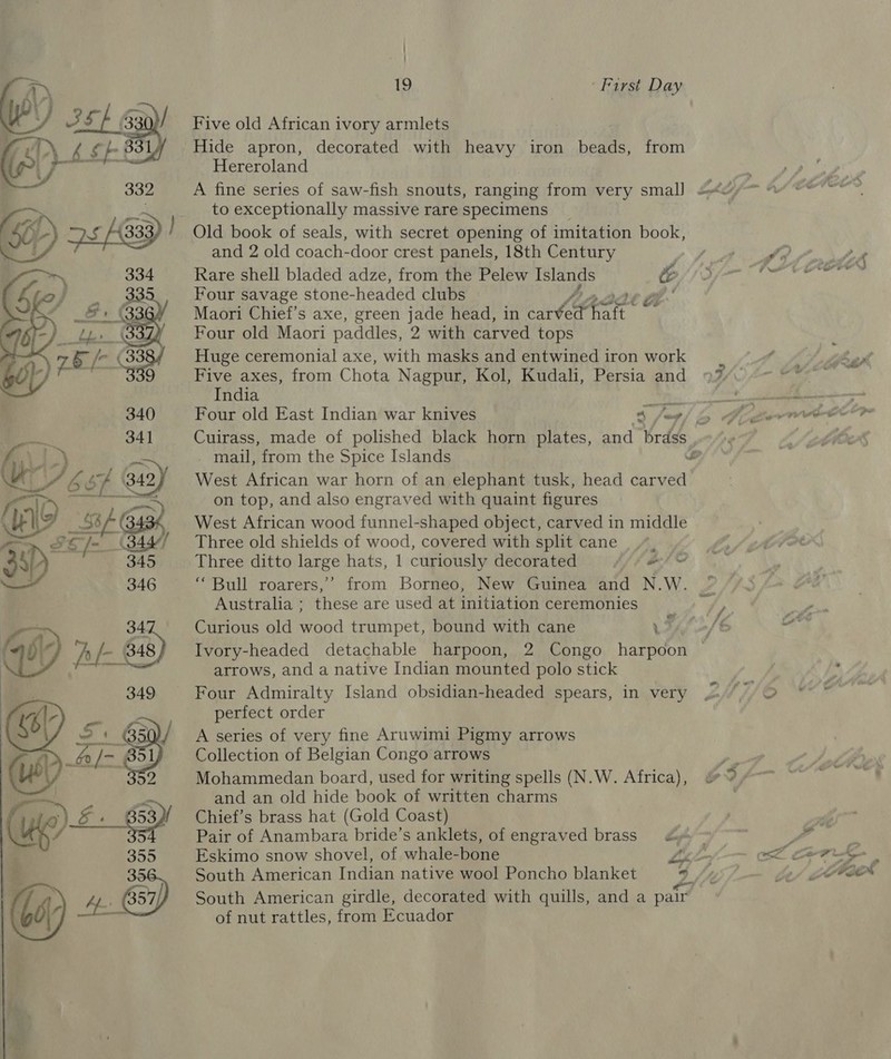   Hide apron, decorated with heavy iron beads, from Hereroland A fine series of saw-fish snouts, ranging from very smal) =o to exceptionally massive rare specimens Old book of seals, with secret opening of imitation book, Four savage stone- headed clubs 22€ G Maori Chief’s axe, green jade head, in carted haft Four old Maori paddles, 2 with carved tops Huge ceremonial axe, with masks and entwined iron work Five axes, from Chota Nagpur, Kol, Kudali, Persia and 97/. India Four old East Indian war knives 6 Jeg / &amp; - Cuirass, made of polished black horn plates, and brdss mail, from the Spice Islands wo West African war horn of an elephant tusk, head carved on top, and also engraved with quaint figures West African wood funnel-shaped object, carved in middle Three old shields of wood, covered with split cane Three ditto large hats, 1 curiously decorated Eff bet “Bull roarers,’ from Borneo, New Guinea and N.W. Australia ; these are used at initiation ceremonies Curious old wood trumpet, bound with cane ere Ivory-headed detachable harpoon, 2 Congo harpoon © arrows, and a native Indian mounted polo stick Four Admiralty Island obsidian-headed spears, in very .=),/ © perfect order A series of very fine Aruwimi Pigmy arrows Collection of Belgian Congo arrows and an old hide book of written charms Chief’s brass hat (Gold Coast) Pair of Anambara bride’s anklets, of engraved brass South American Indian native wool Poncho blanket a South American girdle, decorated with quills, and a pair of nut rattles, from Ecuador