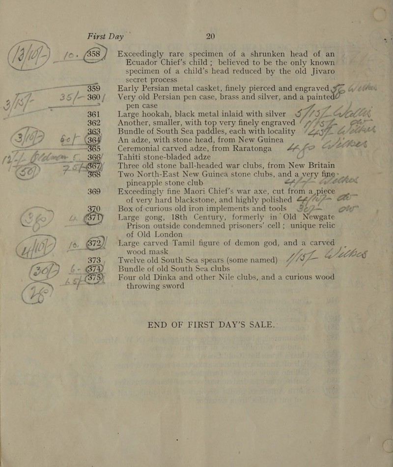 ie / / : ( / fil / —) jo» (8) Exceedingly rare specimen of a shrunken head of an Ney, Ecuador Chief’s child ; believed to be the only known specimen of a child’s head reduced by the old Jivaro cab, secret process _———— 359 Early Persian metal casket, finely pierced and engraved ¥,, 4 ¢(# y 35 /— 360 / Very old Persian pen case, brass and silver, and a panel en pen case a 361 Large hookah, black metal inlaid with silver &amp; LIL. Fav Ahi bof ber ¢ 362 Another, smaller, with top very finely engraved ‘ 4°43 %. er AG Prin _ Bundle of South Sea paddles, each with locality — (“pS as wh atk 3 LA 6 0 / 36 An adze, with stone head, from New Guinea Boer pe 865 Ceremonial carved adze, from Raratonga = f: o Cott PeK (o/1.. (lew ©. 366/ Tahiti stone-bladed adze AGRO “=&gt; ©4867) ~~‘ Three old stone ball-headed war clubs, from New Britain ww af Two North-East New Guinea stone clubs, and ay ing - pineapple stone club ef / ROK 369 Exceedingly fine Maori Chief’s war axe, cut from a ie Sh of very hard blackstone, and highly polished ry. / Ve pom Le ~~ 370 Box of curious old iron implements and tools oie ho / Ly iy Large gong, 18th Century, formerly in Old Moats Prison outside condemned prisoners’ cell ; unique relic of Old London g, : /d: 672) Large carved Tamil figure of demon god, and a oy i Ret i, #3  wood mask ? 9 orf 4 &lt;i _ 373, Twelve old South Sea spears (some named) JUS 4 Lolo &amp; « @7 Bundle of old South Sea clubs : a ae (375 » Four old Dinka and other Nile clubs, and a curious wood Sa le i throwing sword END OF FIRST DAY’S SALE. :