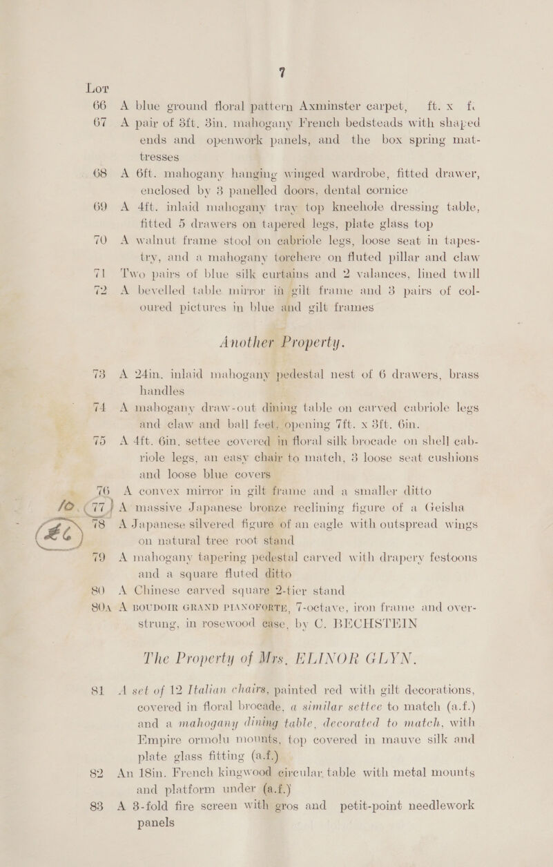 66 &lt;A blue ground floral pattern Axminster carpet, ft. x fi 67 A pair of 8ft. 8in. mahogany French bedsteads with shaped ends and openwork panels, and the box spring mat- tresses 68 A 6ft. mahogany hangine winged wardrobe, fitted drawer, enclosed by 8 panelled doors, dental cornice 69 &lt;A 4ft. mlaid mahogany tray top kneehole dressing table, fitted 5 drawers on tapered legs, plate glass top 70 A walnut frame stool on eabriole legs, loose seat in tapes- trv, and a mahogany torehere on fluted pillar and claw 71 Two pairs of blue sill curtains and 2 valances, lined twill 72 &lt;A bevelled table mirror in gilt frame and 3 pairs of col- oured pictures in blue and gilt frames Another Property. 738 A 24in, inlaid mahogany pedestal nest of 6 drawers, brass handles 7 74 A mahogany draw-out dining table on carved cabriole legs and claw and ball feet, opening 7ft. x Bft. Gin. 75 A 4ft. 6in, settee covered in floral silk brocade on shel] cab- riole legs, an easy chair to match, 8 loose seat cushions and loose blue covers &gt; 6 A convex mirror in gilf frame and a smaller ditto 12. (Hi A massive Japanese bronze reclining figure of a Geisha (JZ ~ 478 AJ apanese silvered figure of an eagle with outspread wings 8 fC) on natural tree root stand 79 A mahogany tapering pedestal carved with drapery festoons and a square fluted ditto 80 A Chinese carved square 2-tier stand 804 A BOUDOIR GRAND PIANOFORTE, 7-octave, iron frame and over- in rosewood ease, by C. BECHSTEIN strung, The Property of Mrs, ELINOR GLYN. a foot A set of 12 Italian chairs, painted red with gilt decorations, covered in floral brocade, a similar settee to match (a.f.) and a mahogany dining table, decorated to match, with Empire ormolu mounts, top covered in mauve silk and plate glass fitting (a.f.) 82. An 18in. French kingwood eircular table with metal mounts and platform under (a.f.) 83 &lt;A 8-fold fire screen with grog and petit-point needlework panels