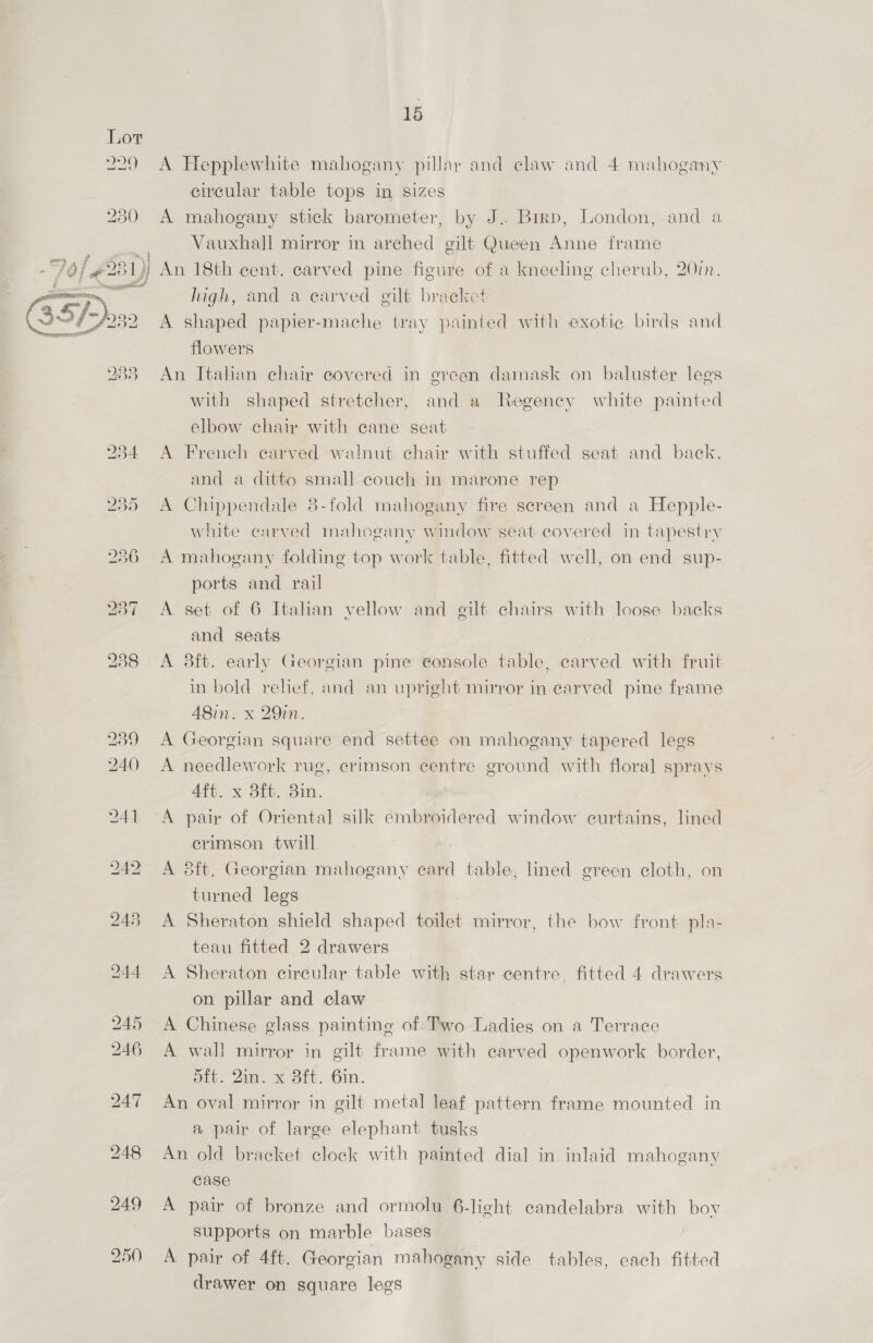 »)9 circular table tops in sizes Vauxhall mirror in arched gilt Queen Anne frame An 18th cent. carved pine figure of a kneeling cherub, 20in. high, and a carved gilt bracket A shaped papier-mache tray painted with exotic birds and flowers An Italian chair covered in green damask on baluster legs with shaped stretcher, and a Regency white painted elbow chair with cane seat A French carved walnut chair with stuffed seat and back, and a ditto small couch in marone rep A Chippendale 8-fold mahogany fire sereen and a Hepple- white carved mahogany window seat covered in tapestry A mahogany folding top work table, fitted well, on end sup- ports and rail A set of 6 Itahan yellow and gilt chairs with loose backs and seats A 3ft. early Georgian pine console table, carved with fruit in bold relief, and an upright mirror in carved pine frame A8in. x 29in. A Georgian square end settee on mahogany tapered legs A needlework rug, crimson centre ground with floral sprays 4ft. x 3ft. 3in. A pair of Oriental silk embroidered window curtains, lined crimson twill A 8ft. Georgian mahogany ecard table, lined green cloth, on turned legs A Sheraton shield shaped toilet mirror, the bow front pla- teau fitted 2 drawers A Sheraton circular table with star centre, fitted 4 drawers on pillar and claw A Chinese glass painting of Two Ladies on a Terrace A wall mirror in gilt frame with carved openwork border, oft. 2a. x Bit, Gin. An oval mirror in gilt metal leaf pattern frame mounted in a pair of large elephant tusks An old bracket clock with painted dial in inlaid mahogany case A pair of bronze and ormolu 6-light candelabra with bov supports on marble bases A pair of 4ft. Georgian mahogany side tables, cach fitted drawer on square legs