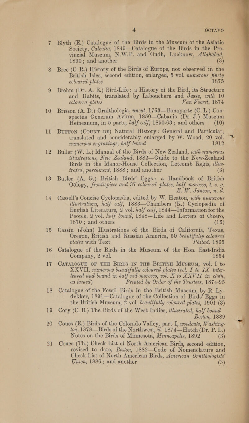 10 re 12 13 14 15 16 17 18 Lg 20 21 4 OCTAVO Blyth (E.) Catalogue of the Birds in the Museum of the Asiatic Society, Calcutta, 1849—Catalogue of the Birds in the Pro- vincial Museum, N.W.P. and Oudh, Lucknow, Allahabad, 1890; and another (3) Bree (C. R.) History of the Birds of Europe, not observed in the British Isles, second edition, enlarged, 5 vol. numerous finely coloured plates 1875 Brehm (Dr. A. E.) Bird-Life: a History of the Bird, its Structure and Habits, translated by Labouchere and Jesse, with 10 coloured plates Van Voorst, 1874 Brisson (A. D.) Ornithologia, wncut, 1763—Bonaparte (C. L.) Con- spectus Generum Avium, 1850—Cabanis (Dr. J.) Museum Heineanum, in 5 parts, half calf, 1850-63; and others (10) Burron (Count DE) Natural History: General and Particular, translated and considerably enlarged by W. Wood, 20 vol. numerous engravings, half bound 1812 Buller (W, L.) Manual of the Birds of New Zealand, with numerous illustrations, New Zealand, 1882—Guide to the New-Zealand Birds in the Manor-House Collection, Letcomb Regis, «lus- trated, parchment, 1888 ; and another (3) Butler (A. G.) British Birds’ Eggs: a Handbook of British Odlogy, frontispiece and 37 coloured plates, half morocco, t. e. g. EL. W. Janson, n. d. Cassell’s Concise Cyclopedia, edited by W. Heaton, with numerous illustrations, half calf, 1883—Chambers (R.) Cyclopedia of English Literature, 2 vol. half calf, 1844—Information for the People, 2 vol. half bound, 1848— Life and Letters of Cicero, 1870 ; and others (16) Cassin (John) Illustrations of the Birds of California, Texas, Oregon, British and Russian America, 50 beautifully coloured plates with Text Philad. 1865 Catalogue of the Birds in the Museum of the Hon. East-India Company, 2 vol. 1854 CATALOGUE OF THE BIRDS IN THE BRITISH MUSEUM, vol. I to XX VII, numerous beautifully coloured plates (vol. I to LX inter- leaved and bound in half red morocco, vol. X to XXVII in cloth, as issued) Printed by Order of the Trustees, 1874-95 Catalogue of the Fossil Birds in the British Museum, by R. Ly- dekker, 1891—Catalogue of the Collection of Birds’ Eggs in the British Museum, 2 vol. beautifully coloured plates, 1901 (3) Cory (C. B.) The Birds of the West Indies, illustrated, half bound : Boston, 1889 Coues (K.) Birds of the Colorado Valley, part I, woodcuts, Washing- ton, 1878—Birds of the Northwest, 7b. 1874—Hatch (Dr. P. L.) Notes on the Birds of Minnesota, Minneapolis, 1892 (3) Coues (Th.) Check List of North American Birds, second edition, revised to date, Boston, 1882—Code of Nomenclature and Check-List of North American Birds, American Ornithologists’ Union, 1886 ; and another (3) =  a a <P ee ee ee ee ee a ee eee 