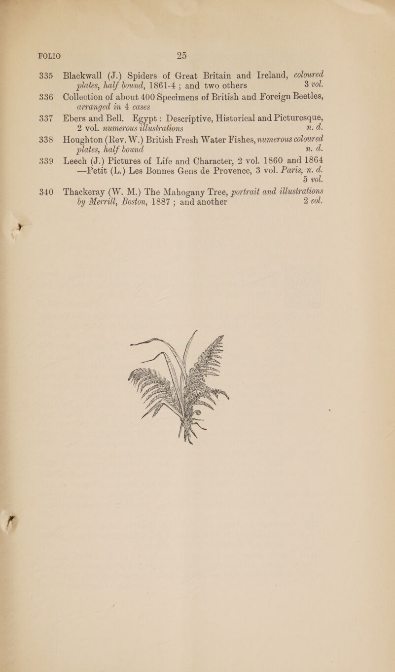  FOLIO 339 336 337 338 339 340 25 Blackwall (J.) Spiders of Great Britain and Ireland, colowred plates, half bownd, 1861-4 ; and two others 3 vol. Collection of about 400 Specimens of British and Foreign Beetles, arranged in 4 cases Kbers and Bell. Egypt: Descriptive, Historical and a 2 vol. numerous tllustrations hs Houghton (Rev. W.) British Fresh Water Fishes, numerous coloured plates, half bound n. a Leech (J.) Pictures of Life and Character, 2 vol. 1860 and 1864 —Petit (L.) Les Bonnes Gens de Provence, 3 vol. Paris, n. d. 5 vol. Thackeray (W. M.) The Mahogany Tree, portrait and ilustrations by Merrill, Boston, 1887 ; and another 2 vol. 