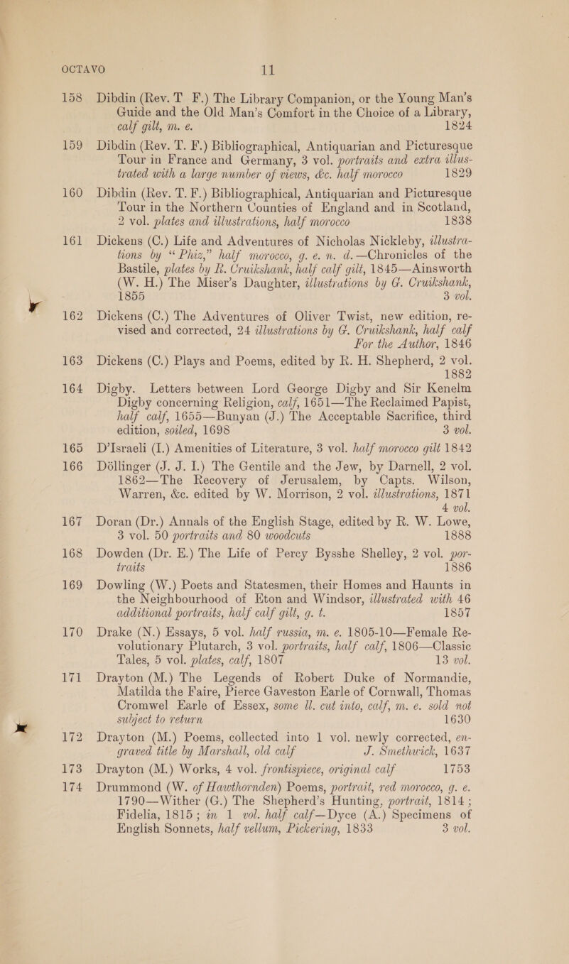 158 159 160 161 165 166 Dibdin (Rev. T F.) The Library Companion, or the Young Man’s Guide and the Old Man’s Comfort in the Choice of a Library, calf gilt, m. é. 1824 Dibdin (Rev. T. F.) Bibliographical, Antiquarian and Picturesque Tour in France and Germany, 3 vol. portraits and extra ilus- trated with a large number of views, &amp;c. half morocco 1829 Dibdin (Rev. T. F.) Bibliographical, Antiquarian and Picturesque Tour in the Northern Counties of England and in Scotland, 2 vol. plates and illustrations, half morocco 1838 Dickens (C.) Life and Adventures of Nicholas Nickleby, ilustra- tions by “ Phiz,” half morocco, g. e. n. d.—Chronicles of the Bastile, plates by R. Cruikshank, half calf gilt, 1845—Ainsworth (W. H.) The Miser’s Daughter, illustrations by G. eee 1855 3 vol. Dickens (C.) The Adventures of Oliver Twist, new edition, re- vised and corrected, 24 illustrations by G. Cruikshank, half calf For the Author, 1846 Dickens (C.) Plays and Poems, edited by R. H. Shepherd, 2 vol. 1882 Digby. Letters between Lord George Digby and Sir Kenelm Digby concerning Religion, calf, 1651—The Reclaimed Papist, half calf, 1655—Bunyan (J.) The Acceptable Sacrifice, third edition, soiled, 1698 3 vol. D’Israeli (I.) Amenities of Literature, 3 vol. half morocco gilt 1842 Déllinger (J. J. I.) The Gentile and the Jew, by Darnell, 2 vol. 1862—The Recovery of Jerusalem, by Capts. Wilson, Warren, &amp;c. edited by W. Morrison, 2 vol. dlustrations, 1871 4 vol. Doran (Dr.) Annals of the English Stage, edited by R. W. Lowe, 3 vol. 50 portraits and 80 woodcuts 1888 Dowden (Dr. E.) The Life of Percy Bysshe Shelley, 2 vol. por- traits 1886 Dowling (W.) Poets and Statesmen, their Homes and Haunts in the Neighbourhood of Eton and Windsor, illustrated with 46 additional portraits, half calf gilt, q. t. 1857 Drake (N.) Essays, 5 vol. half russia, m. e. 1805-10—Female Re- volutionary Plutarch, 3 vol. portraits, half calf, 1806—Classic Tales, 5 vol. plates, calf, 1807 13 vol. Drayton (M.) The Legends of Robert Duke of Normandie, Matilda the Faire, Pierce Gaveston Earle of Cornwall, Thomas Cromwel Earle of Essex, some Il. cut into, calf, m. e. sold not subject to return 1630 Drayton (M.) Poems, collected into 1 vol. newly corrected, en- graved title by Marshall, old calf J. Smethuick, 1637 Drayton (M.) Works, 4 vol. frontispiece, original calf 1753 Drummond (W. of Hawthornden) Poems, portrait, red morocco, 9g. e. 1790—Wither (G.) The Shepherd’s Hunting, portrait, 1814 ; Fidelia, 1815; in 1 vol. half calf—Dyce (A.) Specimens of