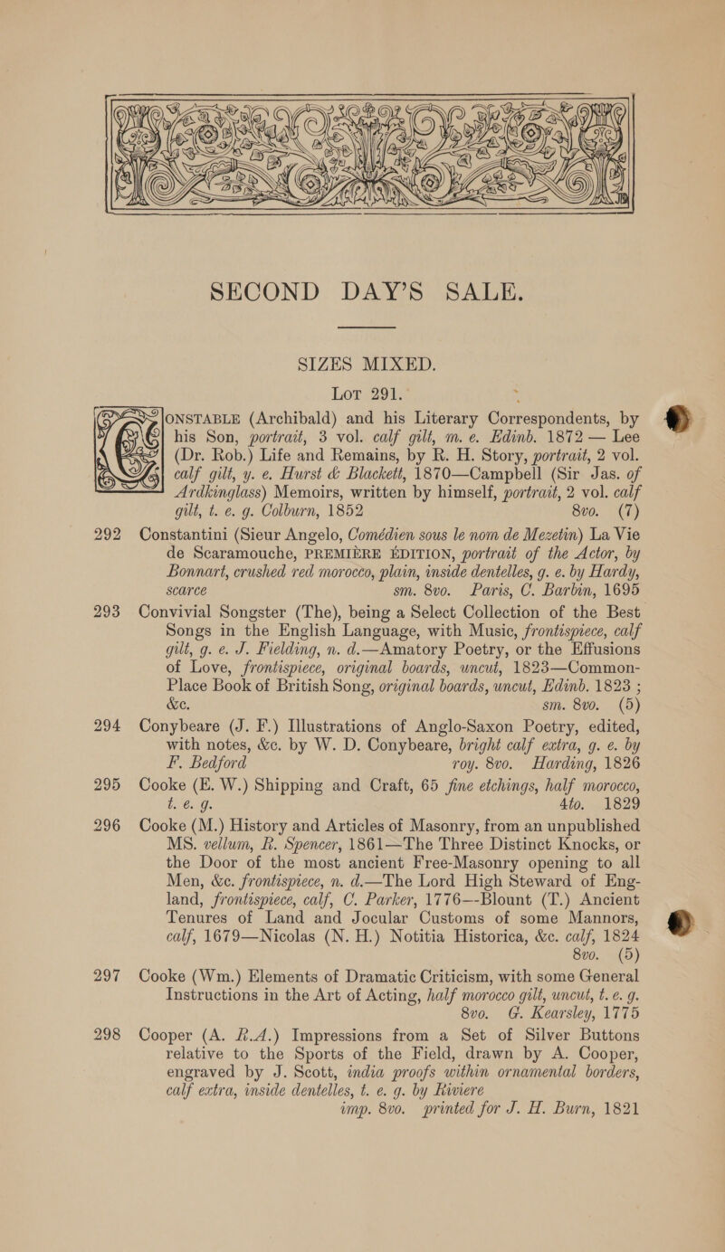 Qi  Ie) SECOND DAY’S SALE. SIZES MIXED. Lot 291. . ONSTABLE (Archibald) and his Literary Correspondents, by his Son, portrait, 3 vol. calf gilt, m. e. Edinb. 1872 — Lee (Dr. Rob.) Life and Remains, by R. H. Story, portrait, 2 vol. calf gilt, y. e. Hurst &amp; Blackett, 1870—Campbell (Sir Jas. of Ardkinglass) Memoirs, written by himself, portrait, 2 vol. calf gilt, t. e. g. Colburn, 1852 8v0. (7) 292 Constantini (Sieur Angelo, Comédien sous le nom de Mezetin) La Vie de Scaramouche, PREMIERE EDITION, portrait of the Actor, by Bonnart, crushed red morocco, plain, inside dentelles, g. ¢. by Hardy, scarce sm. 8vo. Paris, C. Barbin, 1695 293 Convivial Songster (The), being a Select Collection of the Best Songs in the English Language, with Music, frontispiece, calf gut, g. e. J. Fielding, n. d.—Amatory Poetry, or the Effusions of Love, frontispiece, original boards, uncut, 1823—Common- Place Book of British Song, original boards, uncut, Edinb. 1823 ; &amp;e. sm. 8vo. (5) 294 Conybeare (J. F.) Illustrations of Anglo-Saxon Poetry, edited, with notes, &amp;c. by W. D. Conybeare, bright calf extra, g. e. by FF, Bedford roy. 8vo. Harding, 1826 295 Cooke (EK. W.) Shipping and Craft, 65 fine etchings, half morocco, t€:G. 4to. 1829 296 Cooke (M.) History and Articles of Masonry, from an unpublished MS. vellum, R. Spencer, 1861—The Three Distinct Knocks, or the Door of the most ancient Free-Masonry opening to all Men, &amp;c. frontispiece, n. d.—The Lord High Steward of Eng- land, frontispiece, calf, C. Parker, 1776—-Blount (T.) Ancient Tenures of Land and Jocular Customs of some Mannors, calf, 1679—Nicolas (N. H.) Notitia Historica, &amp;c. calf, 1824 8v0. (9) 297 Cooke (Wm.) Elements of Dramatic Criticism, with some General Instructions in the Art of Acting, half morocco gilt, uncut, t. é. g. 8vo. G. Kearsley, 1775 298 Cooper (A. £.4.) Impressions from a Set of Silver Buttons relative to the Sports of the Field, drawn by A. Cooper, engraved by J. Scott, india proofs within ornamental borders, calf extra, inside dentelles, t. ¢. g. by Riviere imp. 8vo. printed for J. H. Burn, 1821