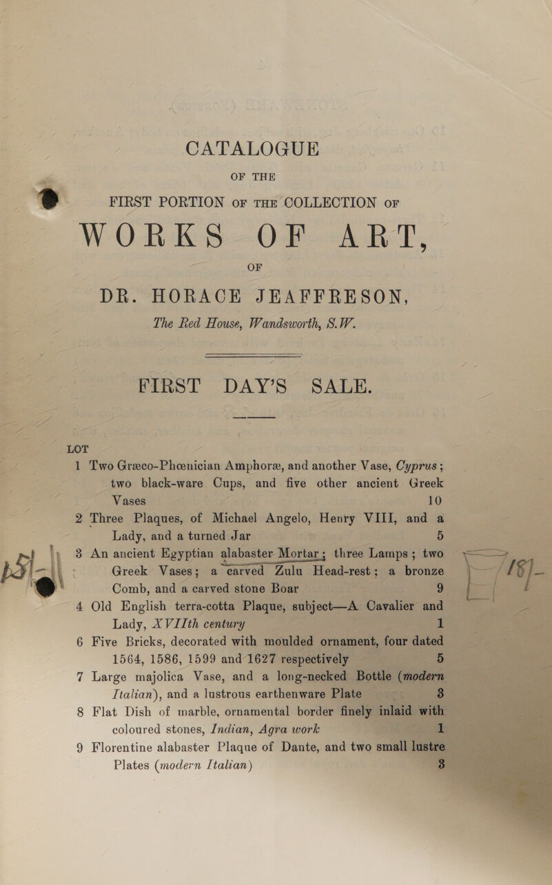 | OF THE ? FIRST PORTION OF THE COLLECTION or WORKS OF ART, OF DR. HORACE JEAFFRESON, The Red House, Wandsworth, S.W. FIRST DAY’S SALE. LOT 1 Two Greco-Pheenician Amphore, and another Vase, Cyprus ; two black-ware Cups, and five other ancient Greek Vases 10 2 Three Plaques, of Michael Angelo, Henry VIII, and a Lady, and a turned Jar 5 iF 3 An ancient Egyptian alabaster Mortar; three Lamps; two pin 1 Greek Vases; a ‘carved Zulu Head-rest: a bronze oe Comb, and a carved stone Boar o 4 Old English terra-cotta Plaque, subject—A Cavalier and Lady, XVIIth century | 1 6 Five Bricks, decorated with moulded ornament, four dated 1564, 1586, 1599 and 1627 respectively — a) 7 Large majolica Vase, and a long-necked Bottle (modern Italian), and a lustrous earthenware Plate 3 8 Flat Dish of marble, ornamental border finely sips with coloured stones, Indian, Agra work is 9 Florentine alabaster Plaque of Dante, and two small lustre Plates (modern [talian) e  