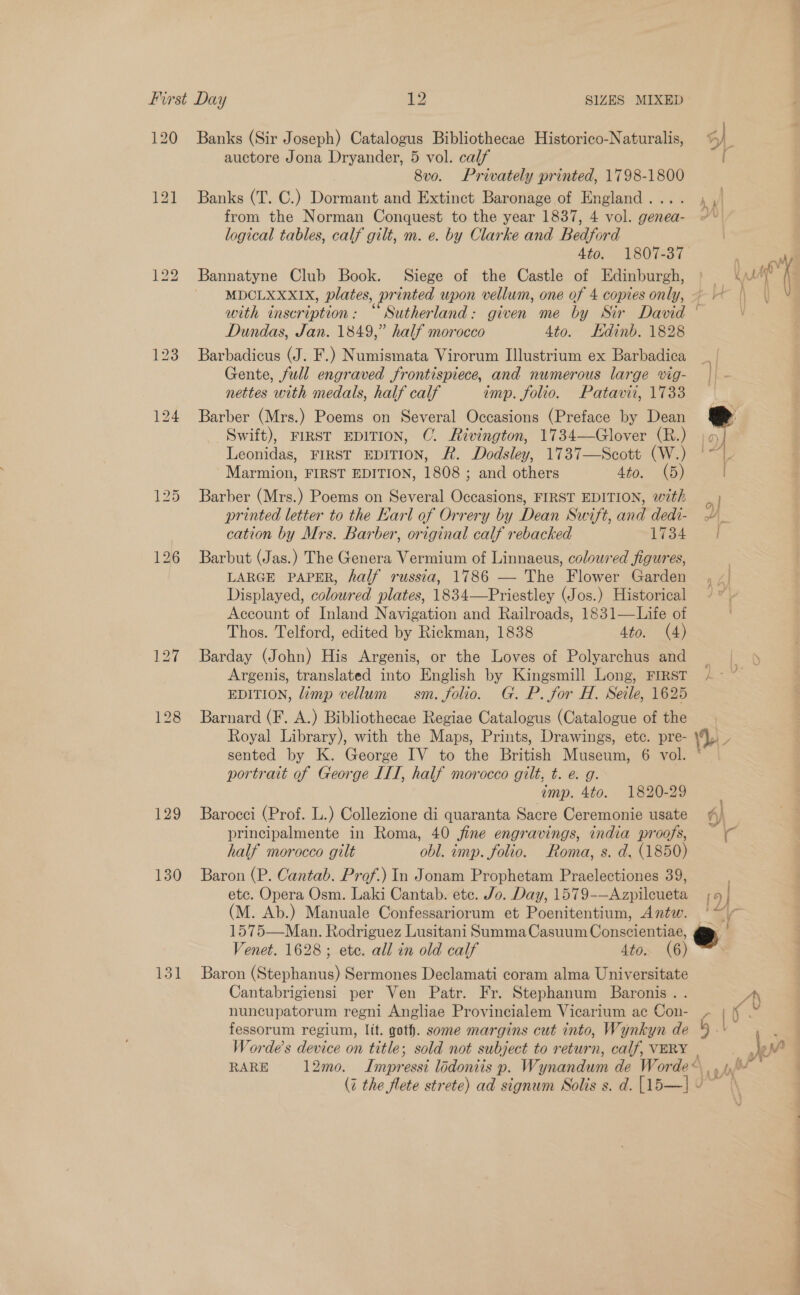 120 129 130 131 Banks (Sir Joseph) Catalogus Bibliothecae Historico-Naturalis, 4) auctore Jona Dryander, 5 vol. calf | 8vo. Privately printed, 1798-1800 Banks (T. C.) Dormant and Extinct Baronage of England.... | from the Norman Conquest to the year 1837, 4 vol. genea- logical tables, calf gilt, m. e. by Clarke and Bedford dio, 18087 ~ = ae Bannatyne Club Book. Siege of the Castle of Edinburgh, | Lie ( MDCLXXXIX, plates, printed upon vellum, one of 4 copies only, — |) with inscription: “ Sutherland: given me by Sir David V Dundas, Jan. 1849,” half morocco 4to. Kdinb. 1828 Barbadicus (J. F.) Numismata Virorum Illustrium ex Barbadica Gente, full engraved frontispiece, and numerous large wig- nettes with medals, half calf imp. folio. Patavii, 1733 Barber (Mrs.) Poems on Several Occasions (Preface by Dean e Swift), FIRST EDITION, C. Rivington, 1734—Glover (R.) jo] Leonidas, FIRST EDITION, R. Dodsley, 1737—Scott (W.) | ~ |. -Marmion, FIRST EDITION, 1808 ; and others 4to. (5) Barber (Mrs.) Poems on Several Occasions, FIRST EDITION, with | printed letter to the Karl of Orrery by Dean Swift, and dedi- “ cation by Mrs. Barber, original calf rebacked 1A SA does Barbut (Jas.) The Genera Vermium of Linnaeus, coloured figures, LARGE PAPER, half russia, 1786 — The Flower Garden Displayed, coloured plates, 1834—Priestley (Jos.) Historical Account of Inland Navigation and Railroads, 1831—Life of Thos. Telford, edited by Rickman, 1838 4to. (4) Barday (John) His Argenis, or the Loves of Polyarchus and : Argenis, translated into English by Kingsmill Long, FIRST + - EDITION, limp vellum sm. folio. G. P. for H. Secle, 1625 Barnard (F. A.) Bibliothecae Regiae Catalogus (Catalogue of the Royal Library), with the Maps, Prints, Drawings, etc. pre- 14, = sented by K. George IV to the British Museum, 6 vol. ° portrait of George LIT, half morocco gilt, t. e. g. emp. 4to. 1820-29 Barocci (Prof. L.) Collezione di quaranta Sacre Ceremonie usate 4) principalmente in Roma, 40 fine engravings, india proofs, ‘s half morocco gilt obl. imp. folio. Roma, s. d. (1850) Baron (P. Cantab. Prof.) In Jonam Prophetam Praelectiones 39, etc. Opera Osm. Laki Cantab. ete. Jo. Day, 1579-—Azpilcueta | (M. Ab.) Manuale Confessariorum et Poenitentium, Antw. | 1575—Man. Rodriguez Lusitani Summa Casuum Conscientiae, S Venet. 1628; ete. all in old calf 4to. (6) Baron (Stephanus) Sermones Declamati coram alma Universitate Cantabrigiensi per Ven Patr. Fr. Stephanum Baronis. . A nuncupatorum regni Angliae Provincialem Vicarium ac Con- - | Ke fessorum regium, lit. goth. some margins cut into, Wynkyn de 4.‘ 4 Worde’s device on title; sold not subject to return, calf, VERY | eM RARE 12mo. Impressi lodoniis p. Wynandum de Worde&lt; ., 4’ (7 the flete strete) ad signum Solis s. d. [15—|vU~ ON a a ne