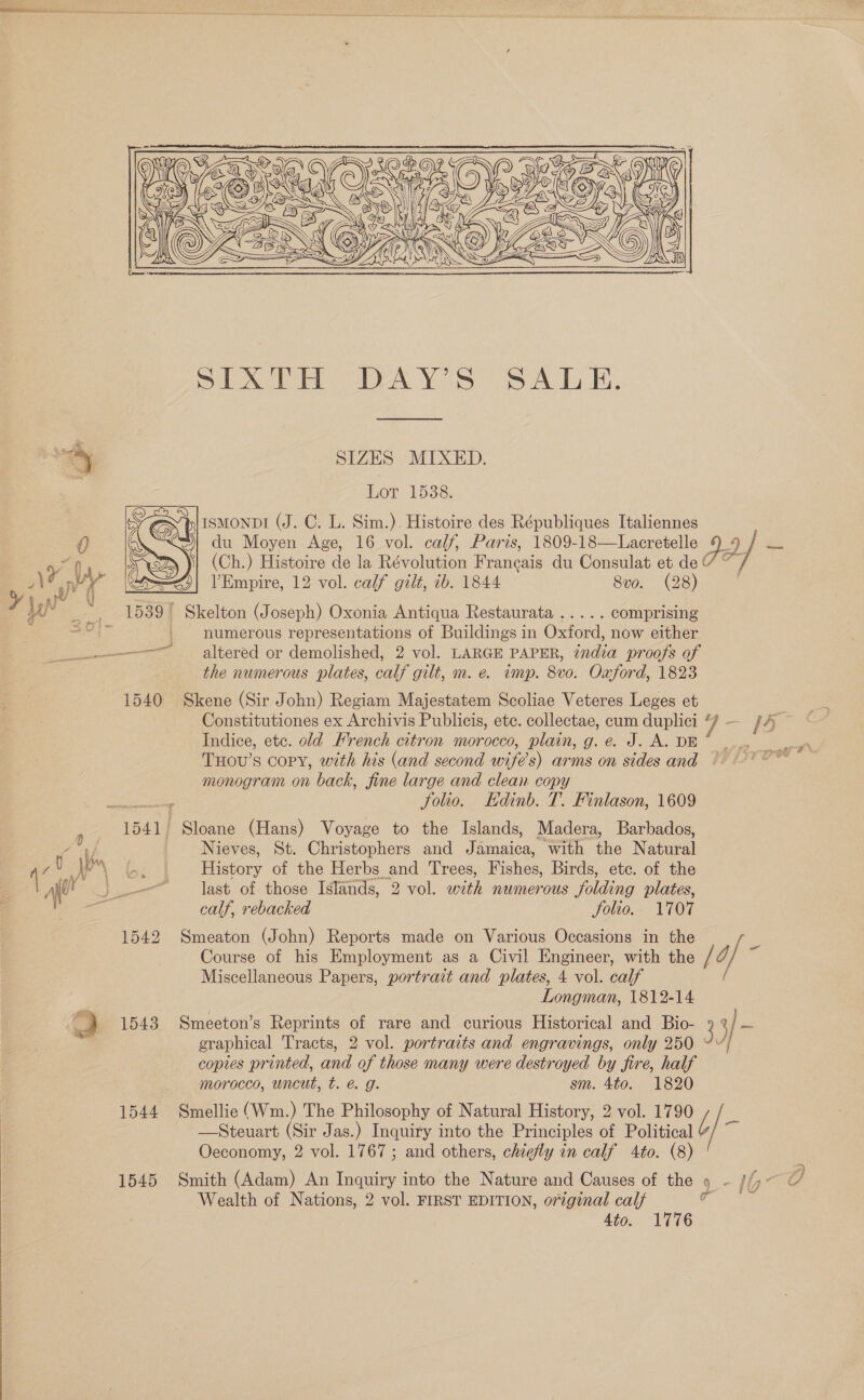   2d] — 0 du Moyen Age, 16 vol. cal/, Paris, 1809-18—Lacretelle 9_ 0 0 (Ch.) Histoire de la Révolution Francais du Consulat et de “ an ye &lt;)| VEmpire, 12 vol. calf gilt, 2b. 1844 8vo. (28) g a p/ 4 . ‘- z ee y yr 3°, 1539] Skelton (Joseph) Oxonia Antiqua Restaurata ..... comprising rar numerous representations of Buildings in Oxford, now either 1540 1544 1545  Solio. calf, rebacked JSolio.. 1707 Longman, 1812-14 sm. 4to. 1820 4to. 1776 7 / gg af - 37 t/- gap ¥