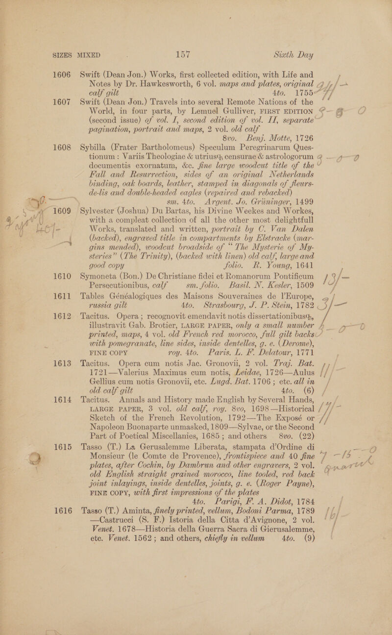 1606 1607 1608 1613 Swift (Dean Jon.) Works, first collected edition, with Life and Notes by Dr. Hawkesworth, 6 vol. maps and plates, or ginal calf gilt 4405 LTb5# Switt (Dean Jon.) Travels into several Remote Nations of the pagination, portrait and maps, 2 vol. old calf 8vo. Benj. Motte, 1726 Sybilla (Frater Bartholomeus) Speculum Peregrinarum Ques- Falt and Resurrection, sides of an original Netherlands binding, oak boards, leather, stamped in diagonals of fleurs- de-lis and double-headed eagles (repaired and rebacked) sm. 4to. Argent. Jo. Gruninger, 1499 Sylvester (Joshua) Du Bartas, his Divine Weekes and Workes, with a compleat collection of all the other most delightfull Works, translated and written, portrait by C. Van Dalen (backed), engraved title in compartments by Elstracke (mar- gins mended), woodcut broadside of “The Mysterie of My- steries” (The Trinity), (backed with linen) old calf, large and good copy folio. Rk. Young, 1641 Symoneta (Bon.) De Christiane fidei et Romanorum Pontificum Persecutionibus, calf sm. folio. Basil. N. Kesler, 1509 Tables Généalogiques des Maisons Souveraines de l’Europe, Tacitus. Opera; recognovit emendavit notis dissertationibus, illustravit Gab. Brotier, LARGE PAPER, only a small number with pomegranate, line sides, inside dentelles, g. e. (Derome), FINE COPY roy. 4to. Paris. L. F. Delatour, 1771 Tacitus. Opera cum notis Jac. Gronovii, 2 vol. Tray. Bat. 1721—Valerius Maximus cum notis, Lemdae, 1726—Aulus Gellius cum notis Gronovii, ete. Lugd. Bat. 1706; ete. all in AS old calf gilt Ato.’ (6) J 1614 ‘Tacitus. Annals and History made English by Several Hands, LARGE PAPER, 3 vol. old calf, roy. 8vo, 1698 Historical em, Sketch of ae French Revolution, 1792—The Exposé or // Napoleon Buonaparte unmasked, ie 26 tone. or the Second Part of Poetical Miscellanies, 1685 ; andothers 8vo. (22) 1615 Tasso (T.) La Gerusalemme Liberata, stampata d’Ordine di — Monsieur (le Comte de Provence), frontispiece and 40 fine “/ plates, after Cochin, by Dambrun and other engravers, 2 vol. * old English straight grained morocco, line tooled, red back ~~ joint inlayings, inside dentelles, joints, g. e. (Roger Payne), FINE COPY, with first impressions of the plates 4to. Parigi, F’. A. Didot, 1784 1616 ‘Tasso (T.) Aminta, finely printed, vellum, Bodoni Parma, 1789-7 —Castrucci (S. F.) Istoria della Citte d’Avignone, 2 vol. Venet. 1678—Historia della Guerra Sacra di Gierusalemme, ete. Venet. 1562; and others, chiefly in vellum 4to. (9) / / é