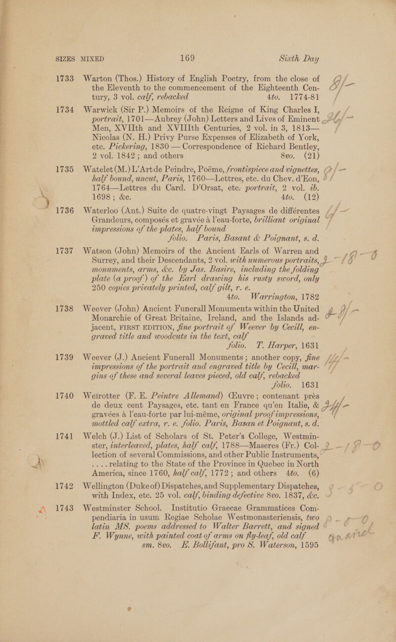  SIZES 1733 1734 1735 1736 1737 1738 1739 1740 1741 MIXED 169 Siath Day Warton (Thos.) History of English Poetry, from the close of the Eleventh to the commencement of the Highteenth Cen- tury, 3 vol. calf, rebacked _ 40. 1774-81 Warwick (Sir P.) Memoirs of the Reigne of King Charles J, Ay Oy | Men, XVIIth and XVIIIth Centuries, 2 vol. in 3, 1813— Nicolas (N. H.) Privy Purse Expenses of Elizabeth of York, ete. Pickering, 1830 — Correspondence of Richard Bentley, 2 vol. 1842; and others 8vo. (21) 1764—Lettres du Card. D’Orsat, ete. portrait, 2 vol. 7b. 1698; &amp;e. Ato, (12) Waterloo (Ant.) Suite de quatre-vingt Paysages de différentes ampressions of the plates, half bound Jolio. Paris, Basant &amp; Poignant, s. d. Watson (John) Memoirs of the Ancient Earls of Warren and Af om = monuments, arms, &amp;e. by Jas. Basire, including the folding’ plate (a pr oof ) of the Karl drawing his rusty sword, only 250 copies privately printed, calf gilt, r. e. 4to. Warrington, 1782 Weever (John) Ancient Funerall Monuments within the United Monarchie of Great Britaine, Ireland, and the Islands ad- jacent, FIRST EDITION, fine portrait ne Weever by Cecill, en- graved title and woodcuts in the text, calf Jolio. T. Harper, 1631 empressions of the portrait and engraved title by Cecill, mar- gins of these and several leaves pieced, old calf, rebacked folio. 1631 Weirotter (F. E. Pentre Allemand) Chuvre ; contenant prés de deux cent Paysages, etc. tant en France qu’en Italie, &amp; eravées a l’eau-forte par lui-méme, original proof impressions, mottled calf extra, r. e. folio. Pari is, Basan et Poignant, s. d. Welch (J.) List of Scholars of St. Peter’s College, Westmin- ster, ¢nterleaved, plates, half calf, 1788—Maseres (Fr.) Col- lection of several Commissions, and other Public Instruments, .. relating to the State of the Province in Quebec in North America, since 1760, half calf, 1772; and others 4to. (6) Wellington (Duke of) Dispatches, and Supplementary Dispatches, with Index, ete. 25 vol. calf, binding defective 8vo0. 1837, ke. Westminster School. Institutio Graecae Grammatices Com- pendiaria in usum Regiae Scholae Westmonasteriensis, ¢ewo EF. Wynne, with painted coat of arms on fly-leaf, old calf sm. 8vo. EH. Bollifant, pro S. Waterson, 1595 AY p/ b4y-