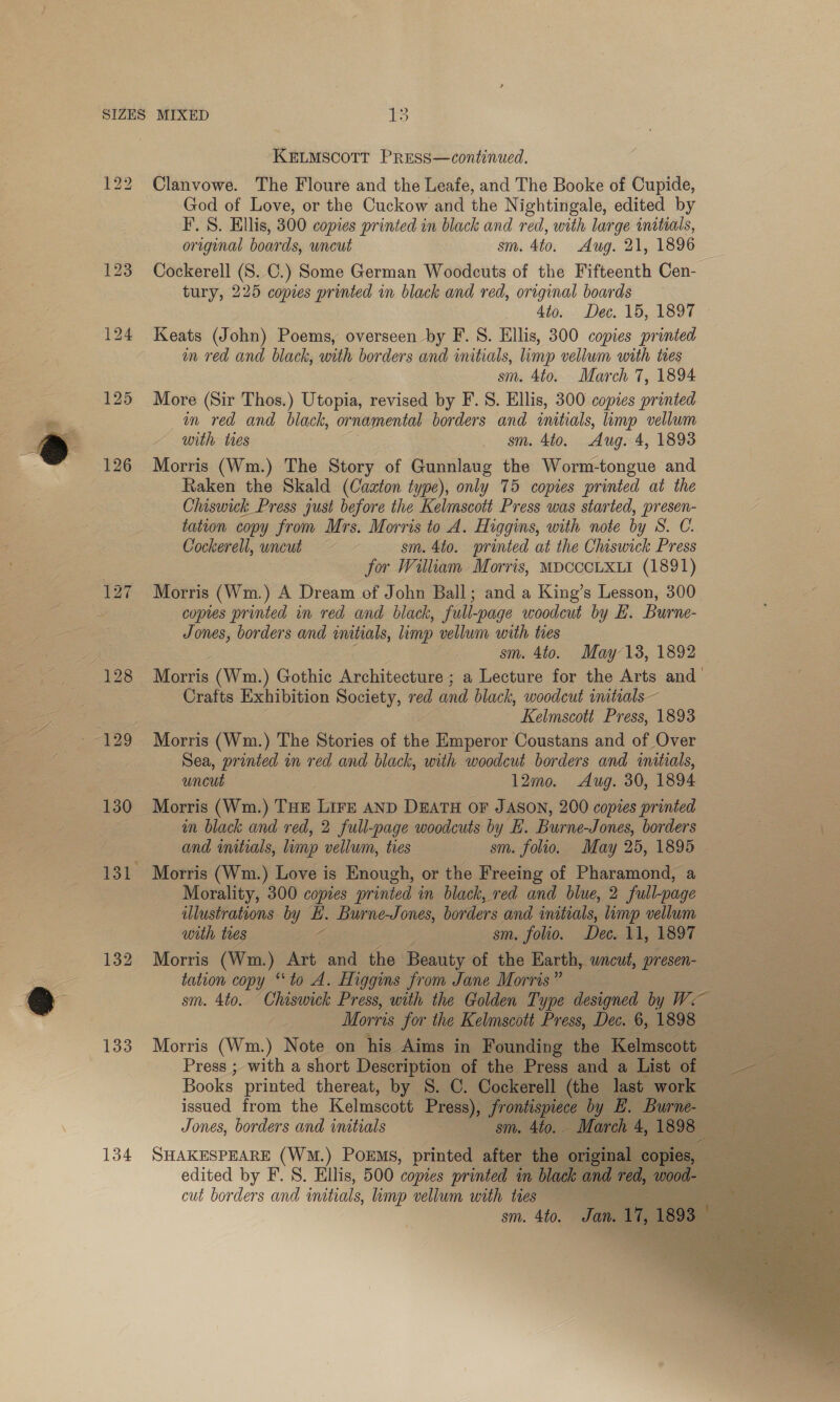 122 132 133 134 KELMSCOTT PRESS—continued. Clanvowe. The Floure and the Leafe, and The Booke of Cupide, God of Love, or the Cuckow and the Nightingale, edited by I. S. Ellis, 300 copies printed in black and red, with large initials, origonal boards, uncut sm. Ato. Aug. 21, 1896 Cockerell (S. C.) Some German Woodcuts of the Fifteenth Cen- tury, 225 copies printed in black and red, original boards 4to. Dec. 15, 1897 Keats (John) Poems, overseen by F. S. Ellis, 300 copies printed in red and black, with borders and initials, limp vellum with tees sm. 4to. March 7, 1894 More (Sir Thos.) Utopia, revised by F. S. Ellis, 300 copies printed in red and black, ornamental borders and initials, limp vellum with ties sm. Ato. Aug. 4, 1893 Morris (Wm.) The Story of Gunnlaug the Worm-tongue and Raken the Skald (Cazton type), only 75 copies printed at the Chiswick Press just before the Kelmscott Press was started, presen- tation copy from Mrs. Morris to A. Higgins, with note by eo Cockerell, uncut sm. 4to. printed at the Chiswick Press for William. Morris, MDCCCLXLI (1891) Morris (Wm.) A Dream of John Ball; and a King’s Lesson, 300 copies printed in red and black, full-page woodcut by Ek. Burne- Jones, borders and imitials, limp vellum with tres sm. 4to. May 13, 1892 ee (Wm.) Gothic Architecture ; a Lecture for the Arts and Crafts Exhibition Society, red and black, woodcut imitials— Kelmscott Press, 1893 Morris (Wm.) The Stories of the Emperor Coustans and of Over Sea, printed in red and black, with woodcut borders and initials, uncut 12mo. Aug. 30, 1894 in black and red, 2 full-page woodcuts by E. Burne-Jones, borders ae and initials, limp vellum, ties sm. folio. May 25, 1895 | Morris (Wm.) Love is Enough, or the Freeing of Pharamond, a Morality, 300 copies printed in black, red and blue, 2 full-page illustrations by EL. Burne-Jones, borders and initials, limp vellum with tres as sm. folio. Dec. 11, 1897 Morris (Wm.) Art and the Beauty of the Earth, uncut, presen- tation copy “to A. Higgins from Jane Morris” sm. 4to. Chiswick Press, with the Golden Type designed by MoS ie | Morris for the Kelmscott Press, Dec. 6, 1898 — Morris (Wm.) Note on his Aims in Founding the Kelmscott Press ; with a short Description of the Press and a List Books printed thereat, by S. C. Cockerell (the last wo issued from the Kelmscott Press), es zB. Br Jones, borders and initials : sm. 4to. . SHAKESPEARE (WM.) PoEMSs, printed after, edited by F. S. Ellis, 500 copies printed in and cut borders and initials, limp vellum with ties sm. 410.       
