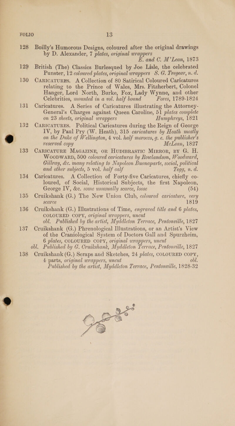 FOLIO 13 128 Boilly’s Humorous Designs, coloured after the original drawings by D. Alexander, 7 plates, original wrappers E. and C. M’ Lean, 1873 129 British (The) Classics Burlesqued by Joe Lisle, the celebrated Punster, 12 coloured plates, original wrappers See Tregear, n.d. 130 Caricatures. A Collection of 80 Satirical Coloured Caricatures relating to the Prince of Wales, Mrs. Fitzherbert, Colonel Hanger, Lord North, Burke, Fox, Lady Wynne, and other Celebrities, mounted in a vol. half bound Fores, 1789-1824 131 Caricatures. A Series of Caricatures illustrating the Attorney- General’s Charges against Queen Caroline, 51 plates complete on 23 sheets, original wrappers Humphreys, 1821 132 CARICATURES. Political Caricatures during the Reign of George IV, by Paul Pry (W. Heath), 315 caricatures by Heath mostly on the Duke of Wellington, 4 vol. half morocco, g. ¢. the publisher’s reserved copy McLean, 1827 133 CARICATURE MAGAZINE, OR Hupiprastic Mirror, spy G. H. WOODWARD, 500 coloured caricatures by Rowlandson, Woodward, Gillray, &amp;c. many relating to Napoleon Buonaparte, social, political and other sulyects, 5 vol. half calf Tegg, n. a. 134 Caricatures. A Collection of Forty-five Caricatures, chiefly co- loured, of Social, Historical Subjects, the first Napoleon, George IV, &amp;c. some unusually scarce, loose (54) 135 Cruikshank (G.) The New Union Club, coloured caricature, very scarce 1819 136 Cruikshank (G.) Illustrations of Time, engraved title and 6 plates, COLOURED COPY, original wrappers, uncut ob]. Published by the artist, Myddleton Terrace, Pentonville, 1827 137 Cruikshank (G.) Phrenological Illustrations, or an Artist’s View of the Craniological System of Doctors Gall and Spurzheim, 6 plates, COLOURED COPY, original wrappers, uncut obl. Published by G. Cr wikshank, Myddleton Terrace, Pentonville, 1827 138 Cruikshank (G.) Scraps and Sketches, 24 plates, COLOURED COPY, 4 parts, original wrappers, uncut obl. Published by the artist, Myddleton Terrace, Pentonville, 1828-32 