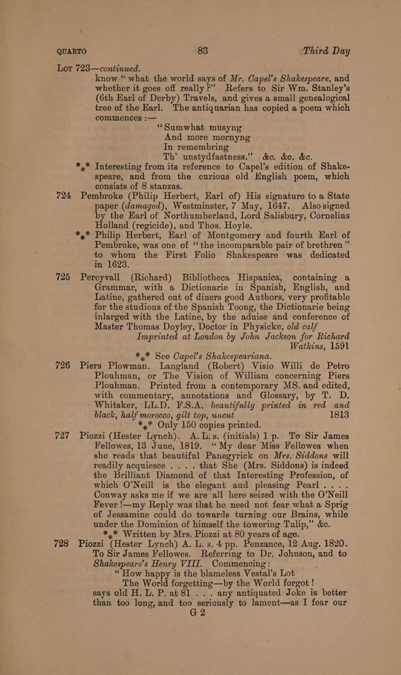 Lot 723—continued. know ‘“‘ what the world says of Mr. Capel’s Shakespeare, and whether it goes off really?” Refers to Sir Wm. Stanley’s (6th Harl of Derby) Travels, and gives a small genealogical tree of the Harl. The antiquarian has copied a poem which commences :— ‘‘Sumwhat, musyng And more mornyng In remembring Th’ unstydfastness.” &amp;c. &amp;e. &amp;e. *,.* Interesting from its reference to Capel’s edition of Shake- speare, and from the curious old Hnglish poem, which consists of 8 stanzas. 724 Pembroke (Philip Herbert, Harl of) His signature to a State paper (damaged), Westminster, 7 May, 1647. Alsosigned by the Earl of Northumberland, Lord Salisbury, Cornelius Holland (regicide), and Thos. Hoyle. *,* Philip Herbert, Harl of Montgomery and fourth Karl of Pembroke, was one of ‘‘ the incomparable pair of brethren ” to whom the First Folio Shakespeare was dedicated in 1623. 725 Percyvall (Richard) Bibliotheca Hispanica, containing a Grammar, with a Dictionarie in Spanish, English, and Latine, gathered out of diuers good Authors, very profitable for the studious of the Spanish Toong, the Dictionarie being inlarged with the Latine, by the aduise and conference of Master Thomas Doyley, Doctor in Physicke, old calf Imprinted at London by John Jackson for Richard Watkins, 1591 *,* See Capel’s Shakespeariana. 726 Piers Plowman. Langland (Robert) Visio Willi de Petro Plouhman, or The Vision of William concerning Piers Plouhman. Printed from a contemporary MS. and edited, with commentary, annotations and Glossary, by T. D. Whitaker, LU.D. F.S.A. beautifully printed in red and black, half morocco, gilt top, uncut 1813 *,* Only 150 copies printed. 727 Piozzi (Hester Lynch). A.L.s. (initials) 1 p. To Sir James Fellowes, 13 June, 1819. ‘“ My dear Miss Fellowes when she reads that beautiful Panegyrick on Mrs. Siddons will readily acquiesce .... that She (Mrs. Siddons) is indeed the Brilliant Diamond of that Interesting Profession, of which O’Neill is the elegant aud pleasing Pearl . Conway asks me if we are ‘all here seized with the O'Neill Fever !—my Reply was that he need not fear what a Sprig of Jessamine could do towards turning our Brains, while under the Dominion of himself the towering Tulip,” &amp;c. *,* Written by Mrs. Piozzi at 80 years of age. 728 = Piozzi ‘(Hester Lynch) A. L. s. 4 pp. Penzance, 12 Aug. 1820. To Sir James Fellowes. Referring to Dr. Johnson, and to Shakespeare's Henry VIII. Commencing : “‘ How happy is the blameless Vestal’s Lot The World forgetting—by the World forgot ! says old H. L. P. at 81... any antiquated Joke is better than too long, and too seriously to lament—as I fear our G 2