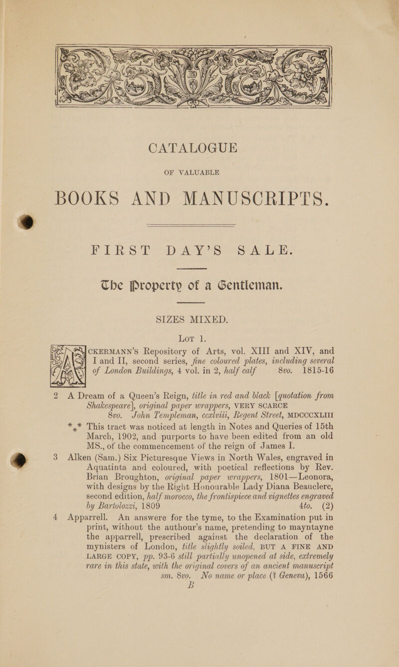  OF VALUABLE BOOKS AND MANUSCRIPTS.  BL RS. Ps ee eee ae Bee Cbe Property of a Gentleman.  SIZES MIXED. Lot 1. CKERMANN’S Repository of Arts, vol. XIII and XIV, and I and II, second series, fine coloured plates, including several of London Buildings, 4 vol. in 2, half calf 8vo. 1815-16     . NS a  2 <A Dream of a Queen’s Reign, title in red and black [quotation from Shakespeare], original paper wrappers, VERY SCARCE 8vo. John Templeman, ccalvin, Regent Street, MDCCCXLIII *.* This tract was noticed at length in Notes and Queries of 15th March, 1902, and purports to have been edited from an old MS., of the commencement of the reign of James I. 3 Alken (Sam.) Six Picturesque Views in North Wales, engraved in Aquatinta and coloured, with poetical reflections by Rev. Brian Broughton, original paper wrappers, 1801—Leonora, with designs by the Right Honourable Lady Diana Beauclere, second edition, half morocco, the frontispiece and vignettes engraved by Barivlozzi, 1809 4to. (2) 4 Apparrell. An answere for the tyme, to the Examination put in print, without the authour’s name, pretending to mayntayne the apparrell, prescribed against the declaration of the mynisters of London, tile slightly soiled, BUT A FINE AND LARGE COPY, pp. 93-6 still partially unopened at side, extremely rare in this state, with the original covers of an ancient manuscript sm. 8vo. No name or place (t Geneva), 1566