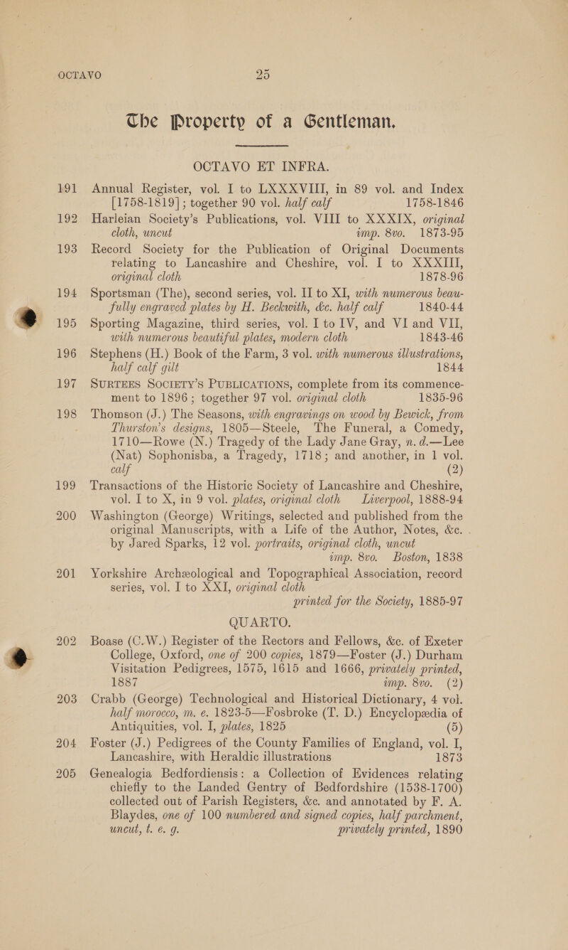 201 202 203 204 205 bS Ot Che Property of a Gentleman. OCTAVO ET INFRA. Annual Register, vol. I to LXXXVIII, in 89 vol. and Index [1758-1819]; together 90 vol. half calf 1758-1846 Harleian Society’s Publications, vol. VIII to XXXIX, original cloth, uncut ump. 8vo. 1873-95 Record Society for the Publication of Original Documents relating to Lancashire and Cheshire, vol. I to XXXIII, original cloth 1878-96 Sportsman (The), second series, vol. II to XI, with numerous beau- Sully engraved plates by H. Beckwith, dc. half calf 1840-44 Sporting Magazine, third series, vol. [to IV, and VI and VII, with numerous beautiful plates, modern cloth 1843-46 Stephens (H.) Book of the Farm, 3 vol. with numerous tllustrations, half calf gilt 1844 SURTEES SOCIETY’S PUBLICATIONS, complete from its commence- ment to 1896; together 97 vol. original cloth 1835-96 Thomson (J.) The Seasons, with engravings on wood by Bewick, from Thurston's designs, 1805—Steele, The Funeral, a Comedy, 1710—Rowe (N.) Tragedy of the Lady Jane Gray, in. d.— Lee (Nat) Sophonisba, a Tragedy, 1718; and another, in 1 vol. calf (2) Transactions of the Historic Society of Lancashire and Cheshire, vol. I to X, in 9 vol. plates, original cloth Liverpool, 1888-94 Washington (George) Writings, selected and published from the original Manuscripts, with a Life of the Author, Notes, &amp;c. . by Jared Sparks, 12 vol. porirazts, original cloth, uncut amp. 8vo. Boston, 1838 Yorkshire Archeological and Topographical Association, record series, vol. | to XXI, original cloth printed for the Society, 1885-97 QUARTO. Boase (C.W.) Register of the Rectors and Fellows, &amp;c. of Exeter College, Oxford, one of 200 copies, 1879—Foster (J.) Durham Visitation Pedigrees, 1575, 1615 and 1666, privately printed, 1887 amp. 8vo. (2) Crabb (George) Technological and Historical Dictionary, 4 vol. half morocco, m. é. 1823-5—Fosbroke (T. D.) Encyclopedia of Antiquities, vol. I, plates, 1825 (5) Foster (J.) Pedigrees of the County Families of England, vol. I, Lancashire, with Heraldic illustrations 1873 Genealogia Bedfordiensis: a Collection of Evidences relatin chiefly to the Landed Gentry of Bedfordshire (1538-1700) collected out of Parish Registers, &amp;c. and annotated by F. A. Blaydes, one of 100 numbered and signed copies, half parchment, uncut, t. € g. privately printed, 1890