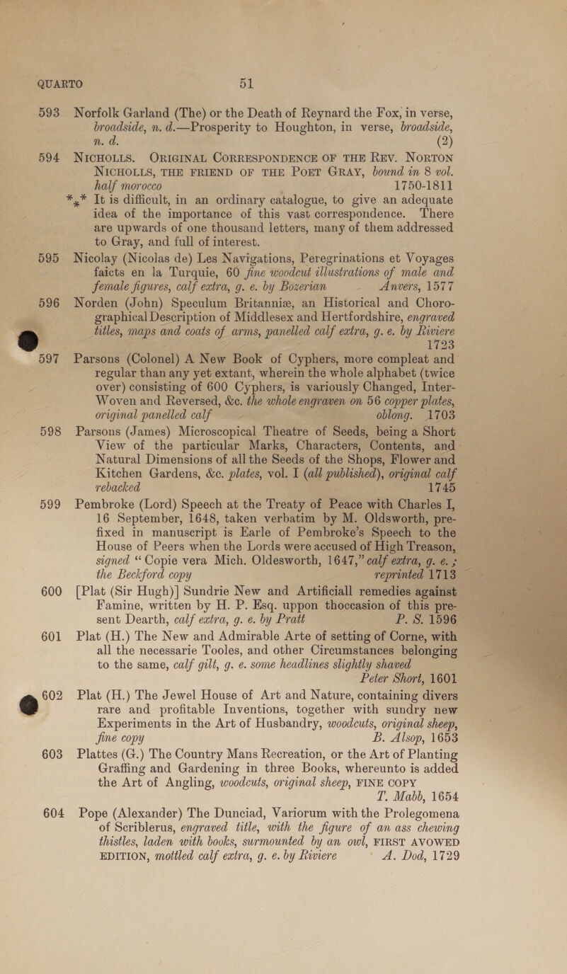 593 Norfolk Garland (The) or the Death of Reynard the Fox, in verse, broadside, n. d.—Prosperity to Houghton, in verse, broadside, n. a. (2) 594 NICHOLLS. ORIGINAL CORRESPONDENCE OF THE REv. NORTON NICHOLLS, THE FRIEND OF THE POET GRAY, bound in 8 vol. half morocco 1750-1811 *,* It is difficult, in an ordinary stsione, to give an adequate idea of the importance of this vast correspondence. There are upwards of one thousand letters, many of them easy to Gray, and full of interest. 595 Nicolay (Nicolas de) Les Navigations, Peregrinations et Voyages faicts en la Turquie, 60 fine woodcut illustrations of male and female figures, calf extra, g. e. by Bozerian Anvers, 1577 596 Norden (John) Speculum Britanniz, an Historical and Choro- graphical Description of Middlesex and Hertfordshire, engraved a titles, maps and coats of arms, panelled calf extra, g. é. by eee 1723 597 Parsons (Colonel) A New Book of Cyphers, more compleat and regular than any yet extant, wherein the whole alphabet (twice over) consisting of 600 Cyphers, is variously Changed, Inter- Woven and Reversed, &amp;c. the whole engi ei on 56 copper plates, original panelled calf oblong. 1703 598 Parsons (James) Microscopical Theatre of Seeds, being a Short View of the particular Marks, Characters, Contents, and- Natural Dimensions of all the Seeds of the Shops, Flower and Kitchen Gardens, &amp;c. plates, vol. I (all published), original calf rebacked 1745 599 Pembroke (Lord) Speech at the Treaty of Peace with Charles I, 16 September, 1648, taken verbatim by M. Oldsworth, pre- fixed in manuscript is Earle of Pembroke’s Speech to the House of Peers when the Lords were accused of High Treason, signed “ Copie vera Mich. Oldesworth, 1647,” calf extra, g. e. ; the Beckford copy reprinted 1713 600 [Plat (Sir Hugh)] Sundrie New and Artificiall remedies against Famine, written by H. P. Esq. uppon thoccasion of this pre- sent Dearth, calf extra, g. é. by Pratt P. SS. ioe 601 Plat (H.) The New and Admirable Arte of setting of Corne, with all the necessarie Tooles, and other Circumstances belonging to the same, calf gilt, g. e. some headlines slightly shaved Peter Short, 1601 602 Plat (H.) The Jewel House of Art and Nature, containing divers @ rare and profitable Inventions, together with sundry new Experiments in the Art of Husbandry, woodcuts, original sheep, jime copy B. Alsop, 1653 603 Plattes (G.) The Country Mans Recreation, or the Art of Planting Graffing and Gardening in three Books, whereunto is added the Art of Angling, woodcuts, original sheep, FINE COPY T. Mabb, 1654 604 Pope (Alexander) The Dunciad, Variorum with the Prolegomena of Scriblerus, engraved title, with the figure of an ass chewing thistles, laden with books, surmounted by an owl, FIRST AVOWED EDITION, mottled calf extra, g. e. by Riviere A Dod, 1729 