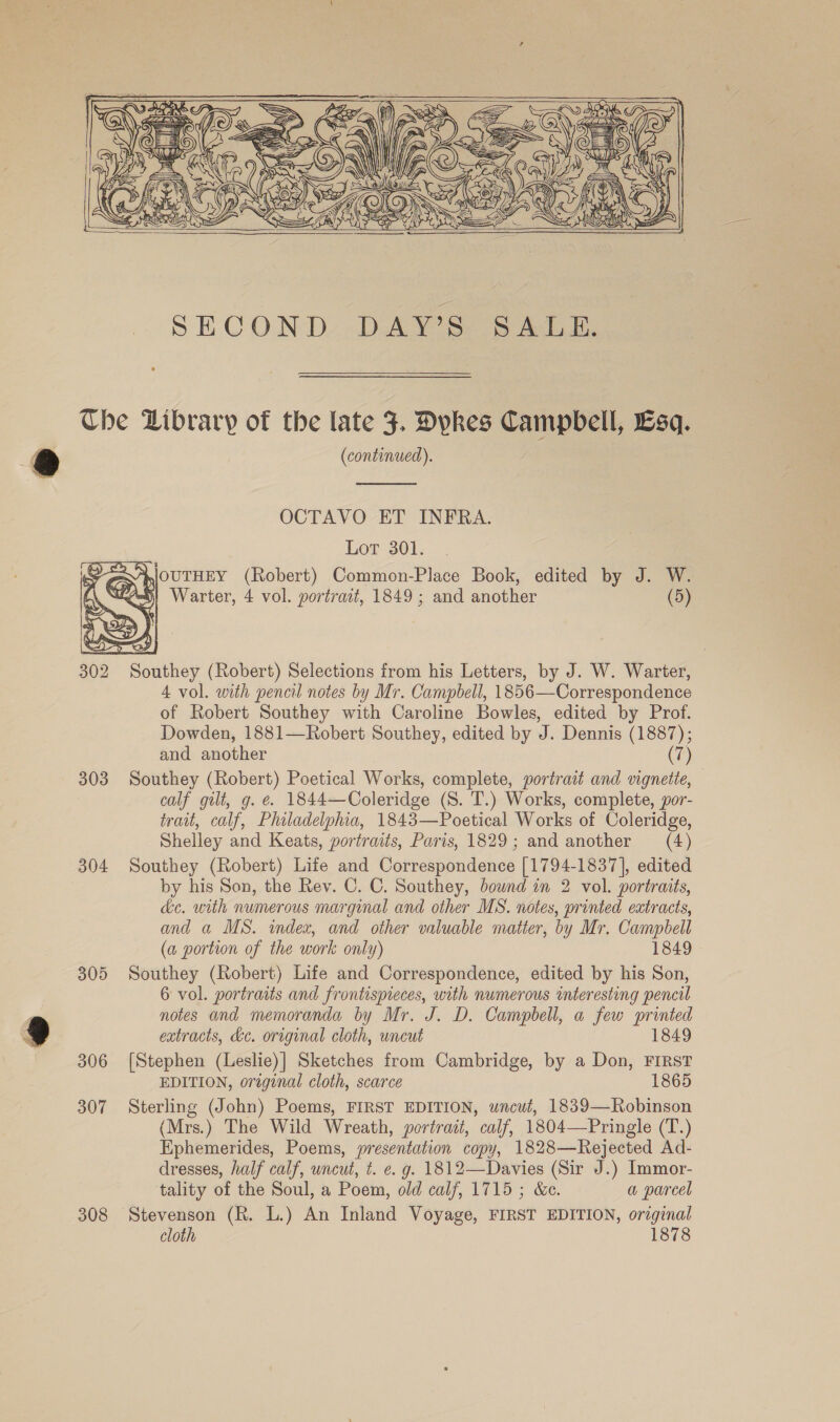     | GN) SARE ee     SECOND, DAY 3S 3 451.  Che Library of the late 3. Dykes Campbell, Esq.  2 (continued). OCTAVO ET INFRA. i Lot 301. @AAjournzy (Robert) Common-Place Book, edited by J. W. Niei}} Warter, 4 vol. portrait, 1849 ; and another (5)  302 Southey (Robert) Selections from his Letters, by J. W. Warter, 4 vol. with pencil notes by Mr. Campbell, 1856—Correspondence of Robert Southey with Caroline Bowles, edited by Prof. Dowden, 1881—Robert Southey, edited by J. Dennis (1887); and another (7) 303 Southey (Robert) Poetical Works, complete, portrait and vignette, calf gilt, g. &amp;. 1844—Coleridge (S. T.) Works, complete, por- trait, calf, Philadelphia, 1843—Poetical Works of Coleridge, Shelley and Keats, portraits, Paris, 1829; and another (4) 304 Southey (Robert) Life and Correspondence [1794-1837], edited by his Son, the Rev. C. C. Southey, downd in 2 vol. portraits, ke. with numerous marginal and other MS. notes, printed extracts, and a MS. index, and other valuable matter, by Mr. Campbell (a portion of the work only) 1849 305 Southey (Robert) Life and Correspondence, edited by his Son, 6 vol. portraits and frontispieces, with numerous interesting pencil ' notes and memoranda by Mr. J. D. Campbell, a few printed e extracts, dc. original cloth, uncut 1849 306 [Stephen (Leslie)] Sketches from Cambridge, by a Don, FIRST EDITION, orzginal cloth, scarce 1865 307 Sterling (John) Poems, FIRST EDITION, uncut, 1839—Robinson (Mrs.) The Wild Wreath, portrac, calf, 1804—Pringle (T.) Ephemerides, Poems, presentation copy, 1828—Rejected Ad- dresses, half calf, wncut, t. e. g. 1812—Davies (Sir J.) Immor- tality of the Soul, a Poem, old calf, 1715; &amp;c. a parcel 308 Stevenson (h. L.) An Inland Voyage, FIRST EDITION, original cloth 1878