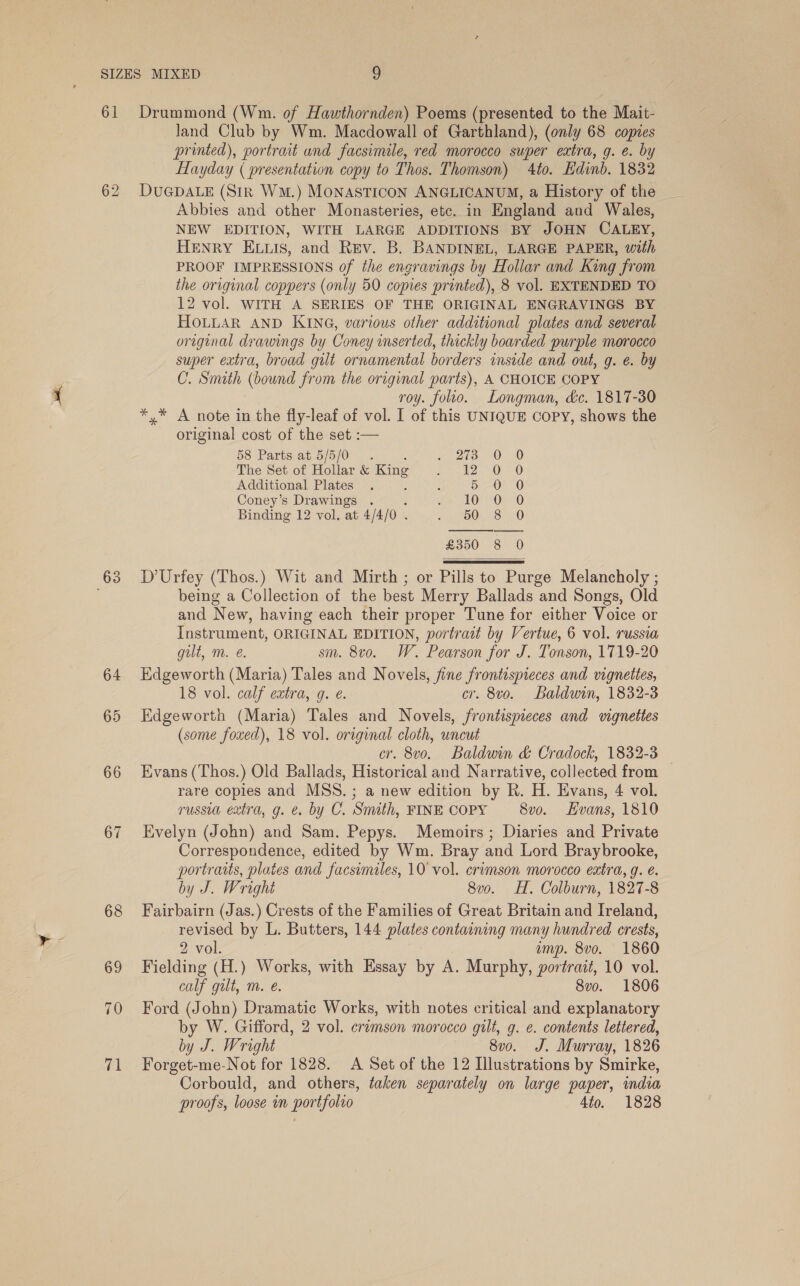 61 62 63 Drummond (Wm. of Hawthornden) Poems (presented to the Mait- land Club by Wm. Macdowall of Garthland), (only 68 copies printed), portrait and facsimile, red morocco super extra, g. e. by Hayday ( presentation copy to Thos. Thomson) 4to. Edinb. 1832 DUGDALE (Str Wm.) MONASTICON ANGLICANUM, a History of the _ Abbies and other Monasteries, etc. in England and Wales, NEW EDITION, WITH LARGE ADDITIONS BY JOHN CALEY, HENRY ELLIS, and Rev. B. BANDINEL, LARGE PAPER, with PROOF IMPRESSIONS of the engravings by Hollar and King from the original coppers (only 50 copies printed), 8 vol. EXTENDED TO 12 vol. WITH A SERIES OF THE ORIGINAL ENGRAVINGS BY HOLLAR AND KING, various other additional plates and several original drawings by Coney inserted, thickly boarded purple morocco super extra, broad gilt ornamental borders inside and out, g. e. by C. Smith (bound from the original parts), A CHOICE COPY roy. folio. Longman, dc. 1817-30 A note in the fly-leaf of vol. I of this UNIQUE CoPy, shows the original cost of the set :—  58 Parts at 5/5/00. ata. 20 The Set of Hollar &amp; King ae ee Oe O Additional Plates . : ; 5 0 0 Coney’s Drawings . Se 3100100 20 Binding 12 vol. at 4/4/0 . OO 8:70 £350 8  D’Urfey (Thos.) Wit and Mirth; or Pills to Purge Melancholy ; being a Collection of the best Merry Ballads and Songs, Old and New, having each their proper Tune for either Voice or Instrument, ORIGINAL EDITION, portrait by Vertue, 6 vol. russia gult, m. @. sm. 8vo. W. Pearson for J. Tonson, 1719-20 Edgeworth (Maria) Tales and Novels, fine frontispieces and vignettes, 18 vol. calf extra, g. ¢. cr. 8vo. Baldwin, 1832-3 Edgeworth (Maria) Tales and Novels, frontispreces and vignettes (some foxed), 18 vol. original cloth, uncut cr. 8vo. Baldwin &amp; Cradock, 1832- Evans (Thos.) Old Ballads, Historical and Narrative, collected bee rare copies and MSS. ; a new edition by R. i. Evans, 4 vol. russia extra, g. &amp;. by C. Smith, FINE COPY 8vo. Evans, 1810 Evelyn (John) and Sam. Pepys. Memoirs; Diaries and Private Correspondence, edited by Wm. Bray and Lord Braybrooke, portraits, plates and facsimiles, 10 vol. crimson morocco extra, g. é. by J. Wright 8vo. HH. Colburn, 1827-8 Fairbairn (Jas.) Crests of the Families of Great Britain and Ireland, revised by L. Butters, 144 plates containing many hundred crests, 2 vol. imp. 8vo. 1860 Fielding (H.) Works, with Essay by A. Murphy, portrait, 10 vol. calf gilt, m. e. 8vo. 1806 Ford (John) Dramatic Works, with notes critical and explanatory by W. Gifford, 2 vol. cremson morocco gilt, g. e. contents lettered, by J. Wright 8v0. J. Murray, 1826 Forget-me-Not for 1828. A Set of the 12 Illustrations by Smirke, Corbould, and others, taken separately on large paper, indra proofs, loose in portfolto 4to. 1828