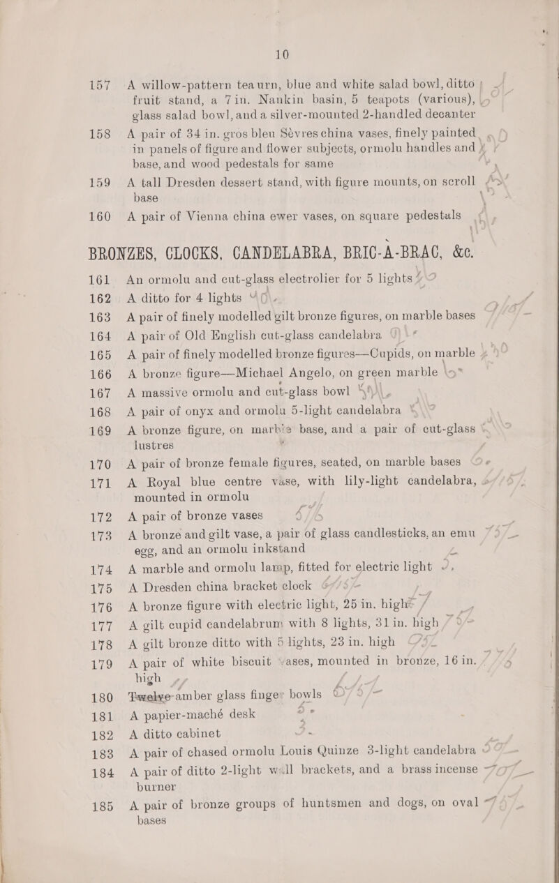 10 base, and wood pedestals for same base BRONZES, CLOCKS, CANDELABRA, eS, &amp;o. 161 An ormolu and cut-glass electrolier for 5 lights ” Y\3 162. A ditto for 4 lights “\0\. 163 A pair of finely modelled gilt bronze figures, on marble bases 164 A pair of Old English cut-glass candelabra 166 A bronze figure—Michael Angelo, on ae marble \5* 167 A massive ormolu and cut- glass bowl — | 168 A pair of onyx and ormolu 5-light Mra clsts 4 lustres 170 <A pair of bronze female figures, seated, on marble bases 171 A Royal blue centre vase, with lily-light candelabra, mounted in ormolu fr &amp; 172 <A pair of bronze vases A egg, and an ormolu inkstand y 174 A marble and ormolu lamp, fitted for electric hight v, 175 A Dresden china bracket clock 41; 176 A bronze figure with electric light, 25 in. high? 177. A gilt cupid candelabrum with 8 lights, 31 in. high high 3 180 Pwelye-am ber glass finger bowls 675 /- 181 A papier-maché desk de 182 A ditto cabinet : 183 <A pair of chased ormolu Louis Quinze 3-light candelabra burner Mt we bases 