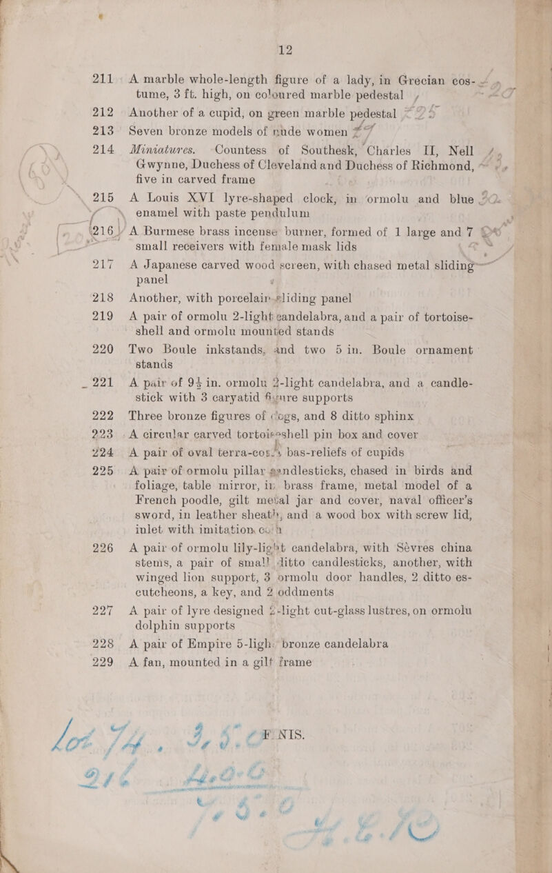 226 12 tume, 3 ft. high, on coloured marble pedestal , Another of a cupid, on green marble pedestal re s Seven bronze models of nude women $F Miniatures. Countess of Southesk, Charles II, Nell five in carved frame enamel with paste pendulum small receivers with female mask lids : panel d Another, with porcelair.«liding panel A pair of ormolu 2-lighf candelabra, and a pair of tortoise- shell and ormolu mounted stands Two Boule inkstands, and two 5 in. Boule ornament ~ stands A pair of 93 in. ormolu 2-light candelabra, and a candle- stick with 3 caryatid fisure supports Three bronze figures of ogs, and 8 ditto sphinx -A cireular carved tortoiseshell pin box and cover A pair of oval terra-cos.s bas-reliefs of cupids A paiv of ormolu pillar gandlesticks, chased in birds and foliage, table mirror, in brass frame, metal model of a French poodle, gilt metal jar and cover, naval officer’s sword, in leather sheath, and a wood box with screw lid, inlet with imitation coh ) A pair of ormolu lily-light candelabra, with Sevres china stems, a pair of smal! ditto candlesticks, another, with winged lion support, 3 ormolu door handles, 2 ditto es- ~ cutcheons, a key, and 2 oddments A pair of lyre designed 2-lght cut-glass lustres, on ormolu dolphin supports A pair of Empire 5-ligh: bronze candelabra A fan, mounted in a gilf frame